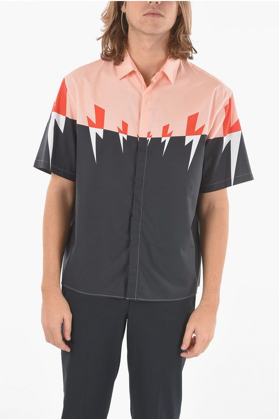 image of Neil Barrett Fine Poplin Cotton Tri-Colour Tiger Bolt Short-Sleeved Shirt, Men's (Size XS)