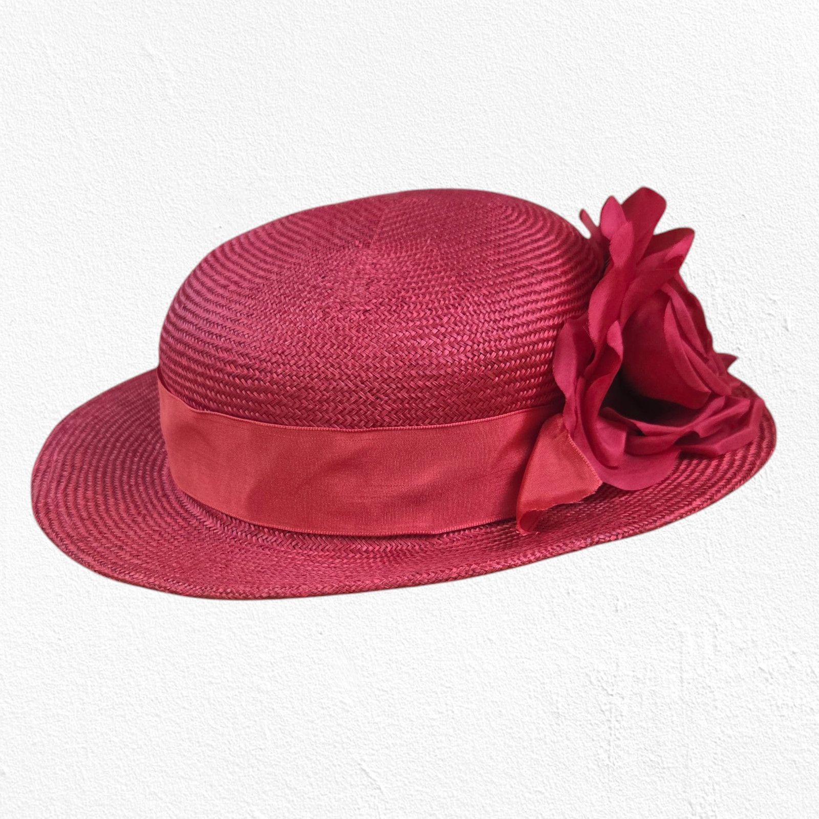 Vintage Vintage Red Derby Hat Wide Brim Rose Straw OS Size ONE SIZE - 4 Thumbnail