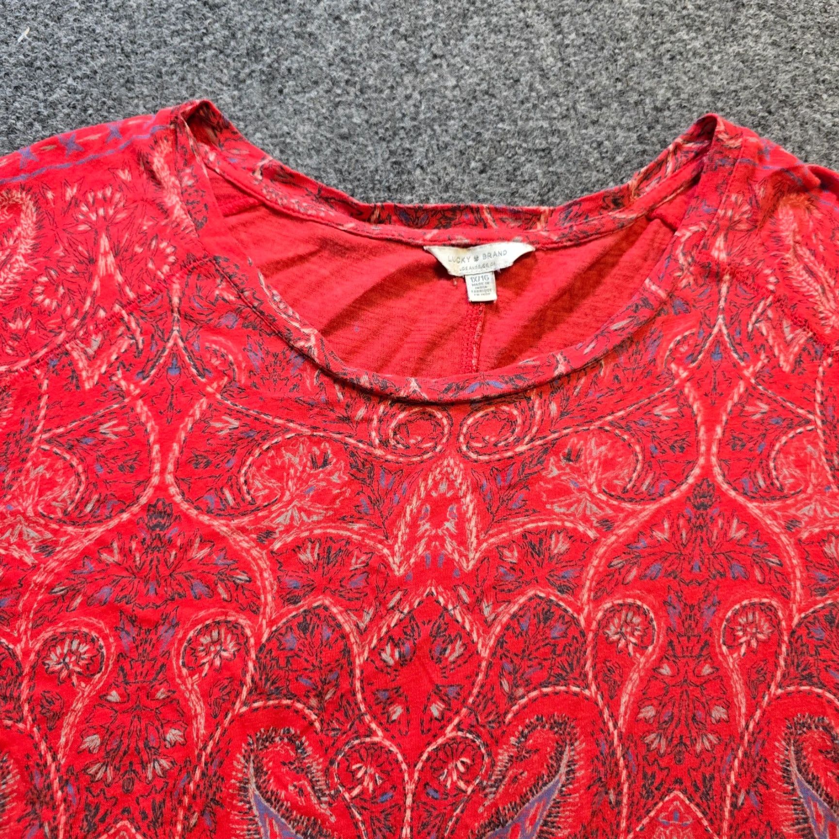 Lucky Brand Lucky Brand Top Womens 1X Red Paisley Round Neck Short Sleeve Casual Boho Shirt Womens Size XL / US 12-14 / IT 48-50 - 2 Thumbnail