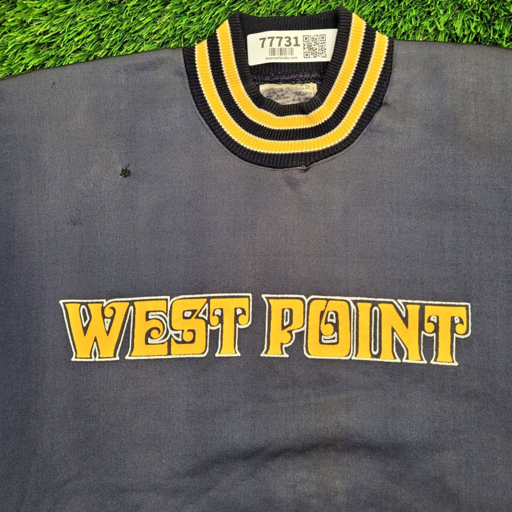 Champion VINTAGE Champion Sweatshirt M/L West-Point USA 70s 80s Military Crew Neck Pullover Navy Blue Yellow Trim Mens US Made Short Length Nylon Fleece Size US L / EU 52-54 / 3 - 2 Thumbnail