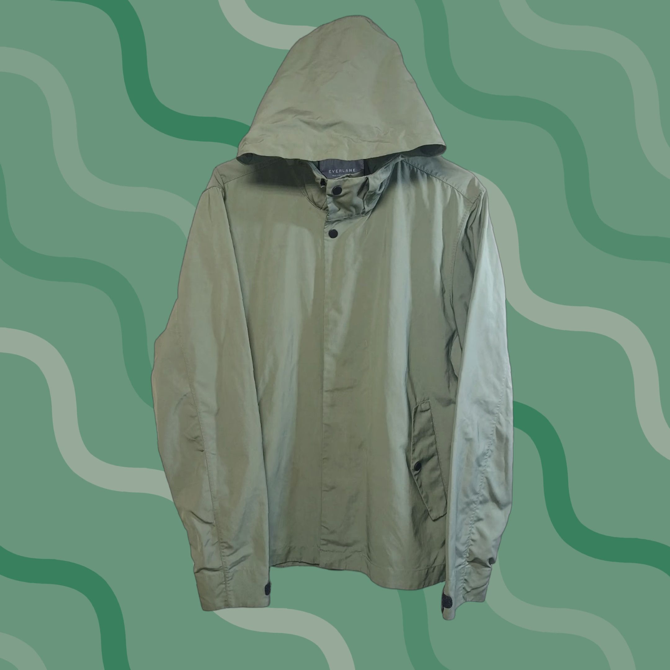 Everlane Jacket Anorak Hoodie Green L Women Pockets Outdoor Fall Spring Mid-Length Regular Long Sleeve Zip Snap Jacket
