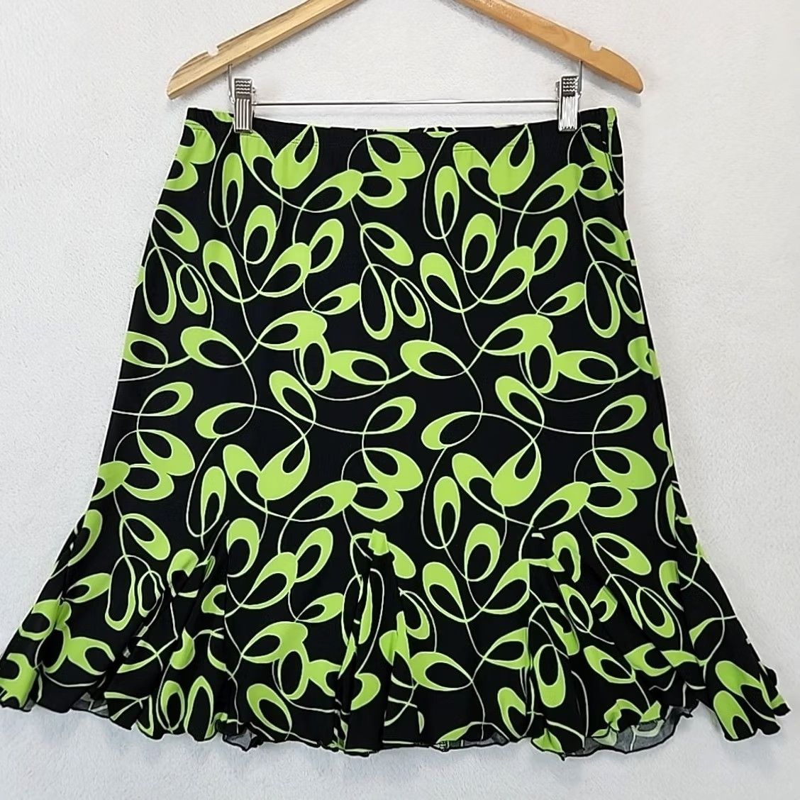 Vintage Suzie In The City Women Skirt L Black Geometric Stretch Elastic Waist Flare Knee Length Casual 90s USA Size 36" / US 14 / IT 50 - 2 Thumbnail