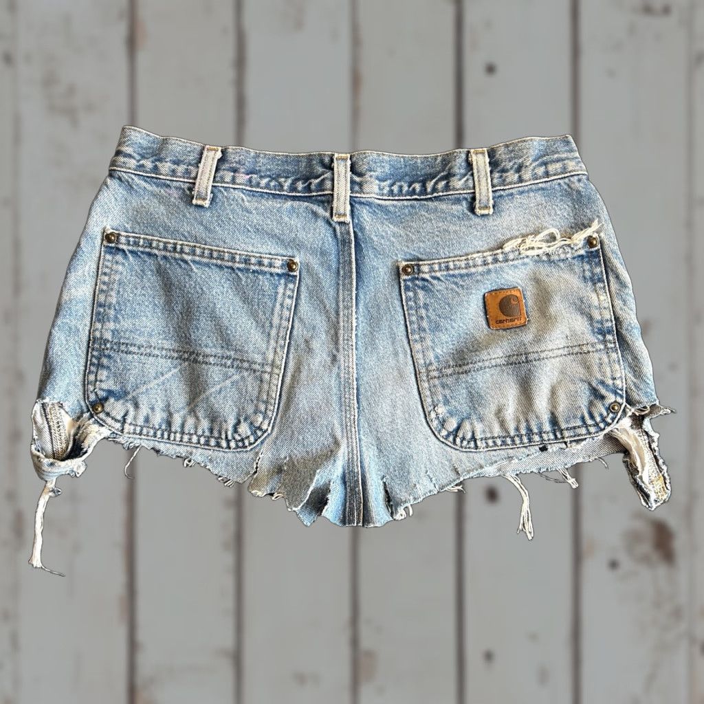VINTAGE Carhartt Denim Skirt - Short Mini, 90s y2k, Distressed, Booty Cutoff, Logo, Pockets, Slit, Relaxed Fit, Button Closure, Blue, Women, Size 32