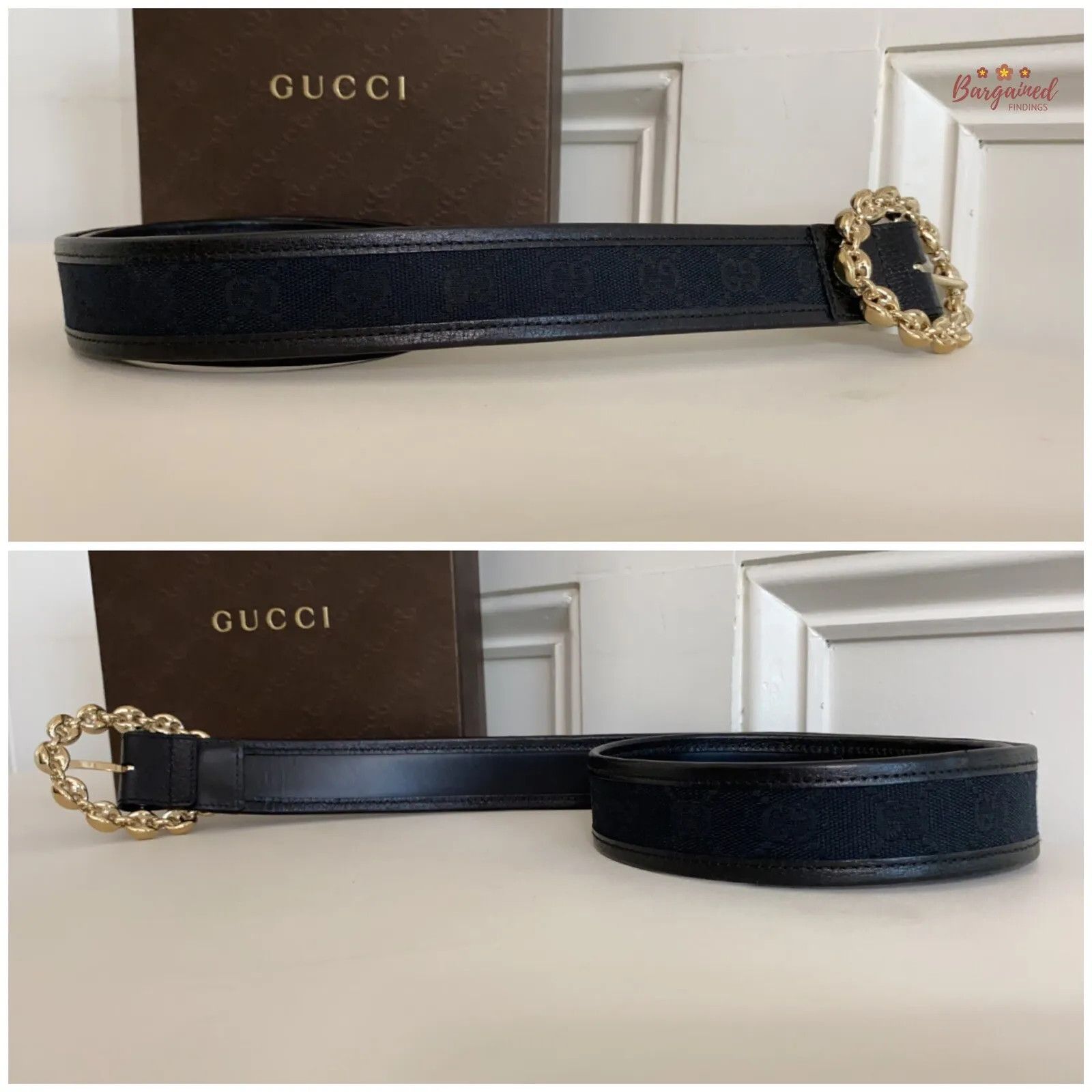 Gucci Gucci Black Monogram Canvas Leather Gold Chain Buckle Belt Size 30 - 4 Thumbnail