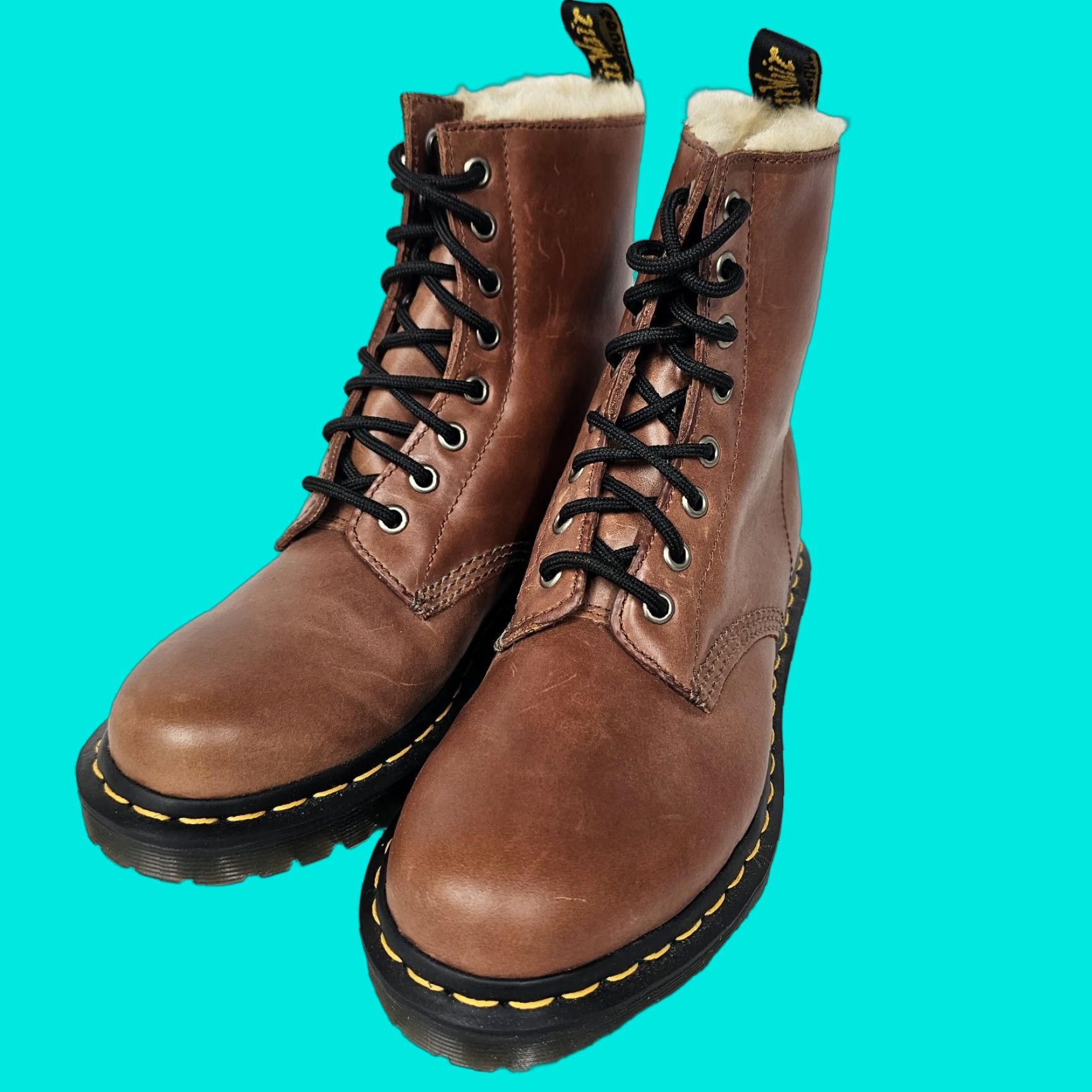 Dr. Martens VINTAGE Dr. Martens 1460 Serena Boots Women US 7 Leather Lace Up Faux Fur Lined Cognac - Bohemian Punk Winter" Size US 5 / IT 35 - 1 Thumbnail