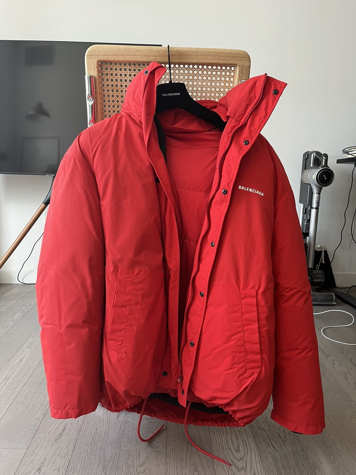 image of Balenciaga Summer 20 Pillow Puffer + Cover Jacket in Red, Men's (Size Small)