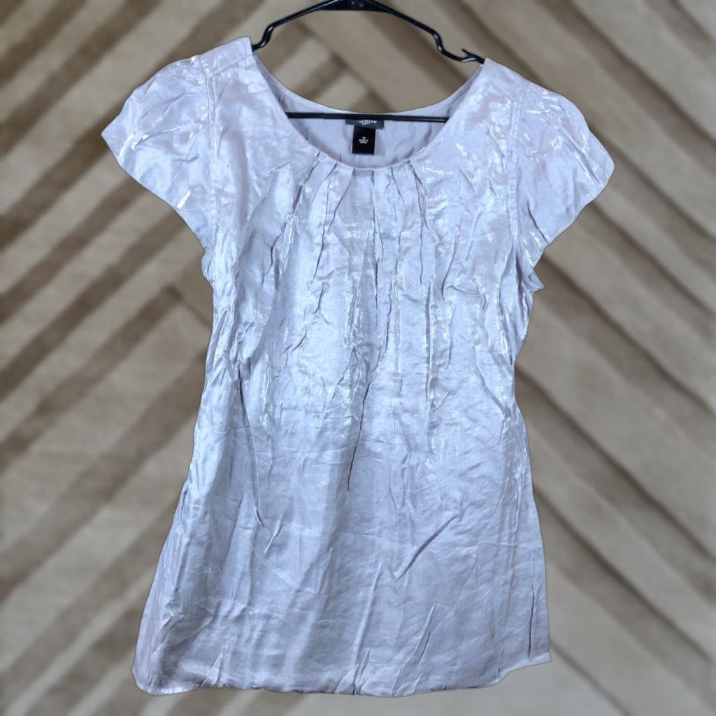 Ann Taylor Ann Taylor Womens Blouse Gray Metallic Crew Short Sleeve Pleated Front Tie 10 Size L / US 10 / IT 46 - 1 Thumbnail