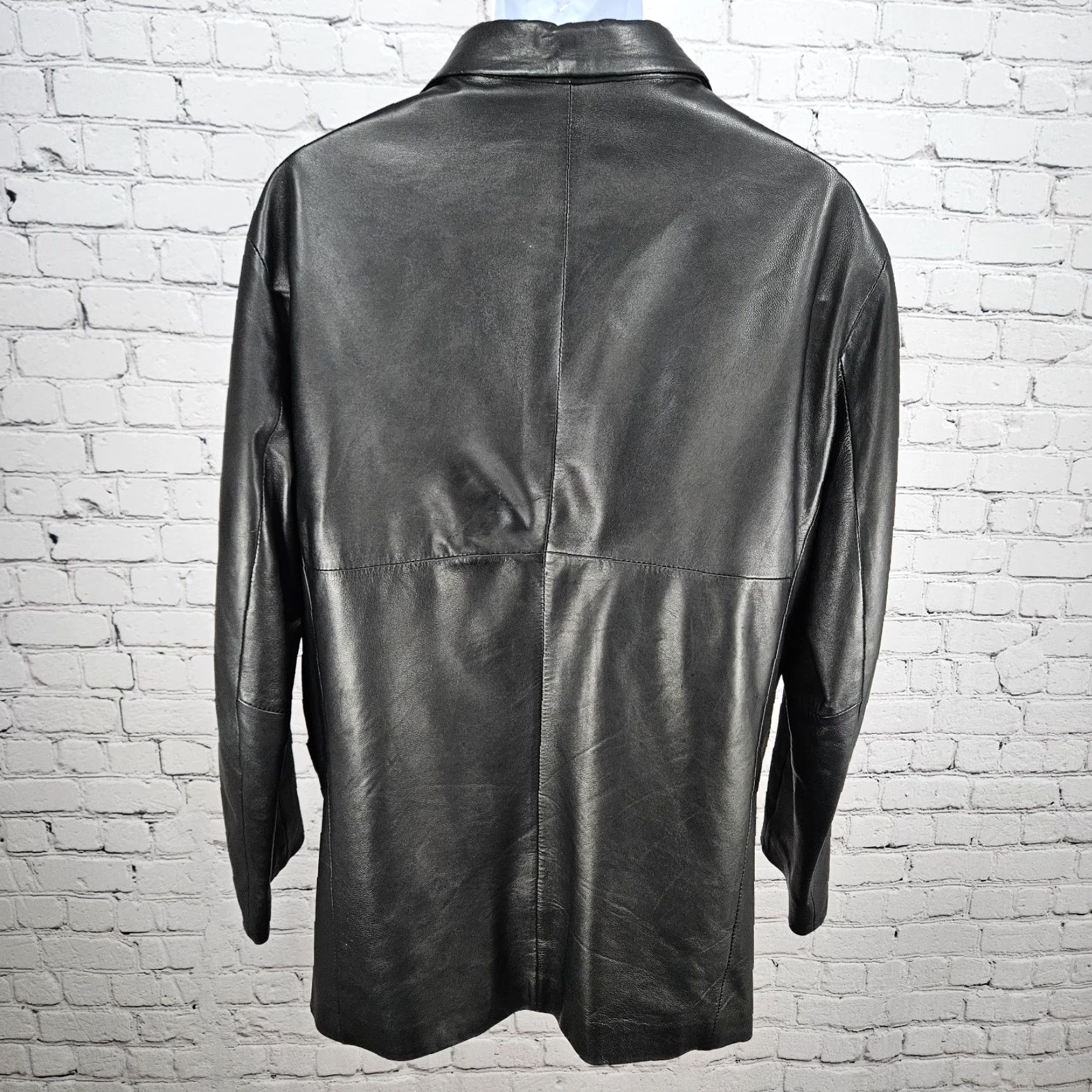 Vintage Santa Maria Del Fiore Blazer Jacket Leather Men 52 Black Solid Mid-Length Button Chest 46 Italy 42 US Classic 90s? Size 52R - 2 Thumbnail