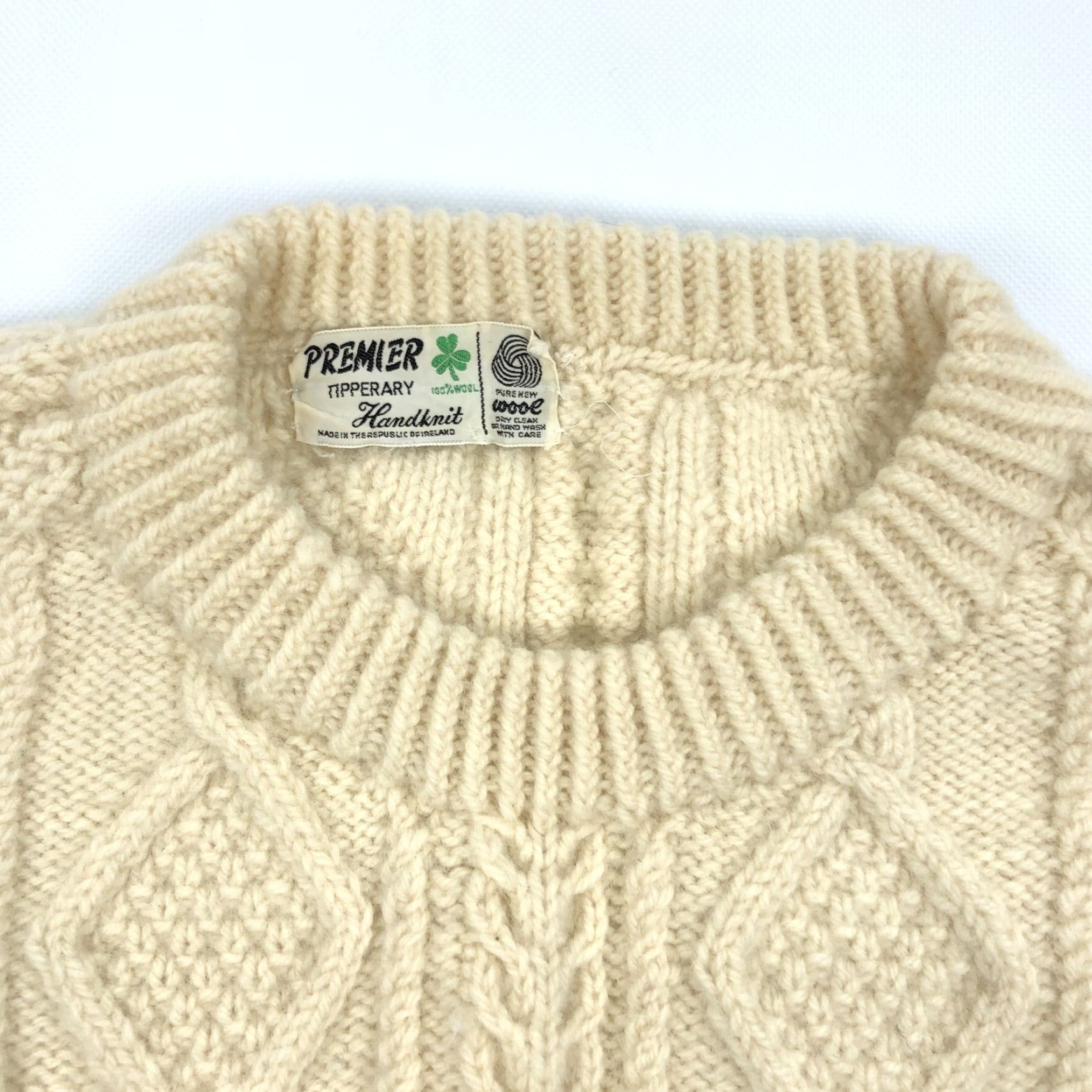 Vintage Premier Aran Sweater Men's Cream Cable Knit Wool 100% L Crew Neck Pullover Jumper Handknit Heavyweight Wool Irish Classic Outdoor Autumn Winter Size US L / EU 52-54 / 3 - 2 Thumbnail