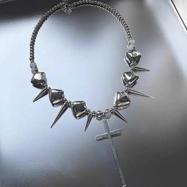 VIBE Silver Color Thorns Punk With Cross Necklace Choker Size ONE SIZE - 8 Thumbnail