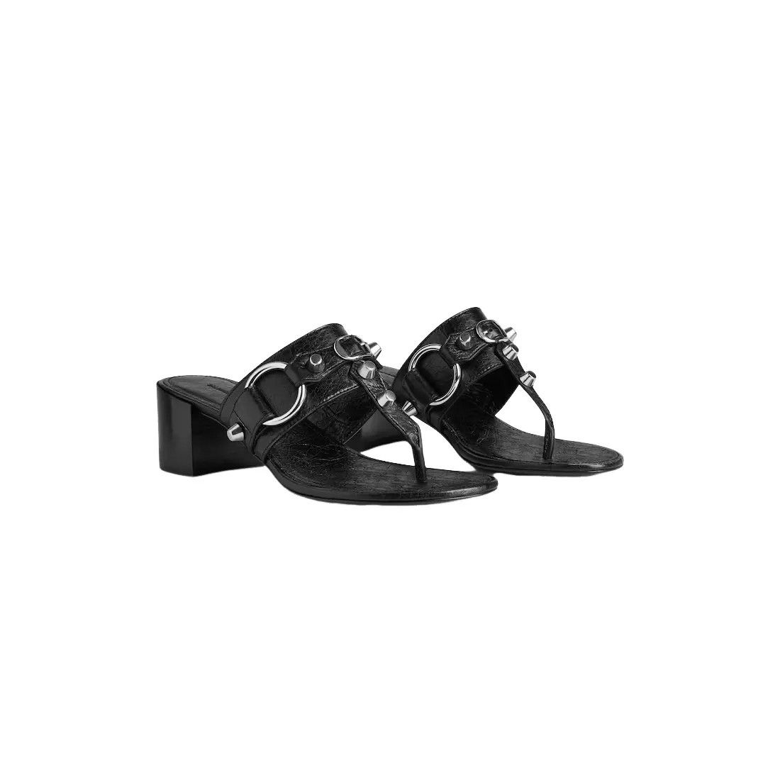 BALENCIAGA City Black Leather 50mm Thong Mules New