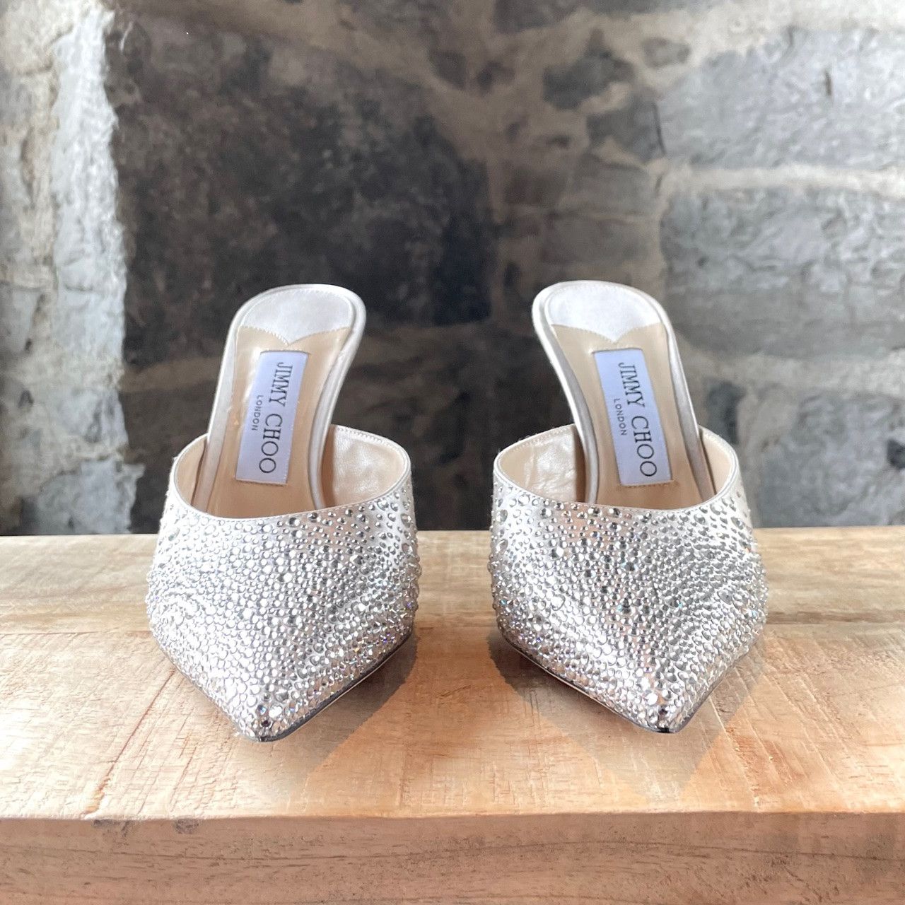 Jimmy Choo Jimmy Choo Crystal Embellished Satin Rav 100 Heeled Mules Size US 7.5 / IT 37.5 - 3 Thumbnail