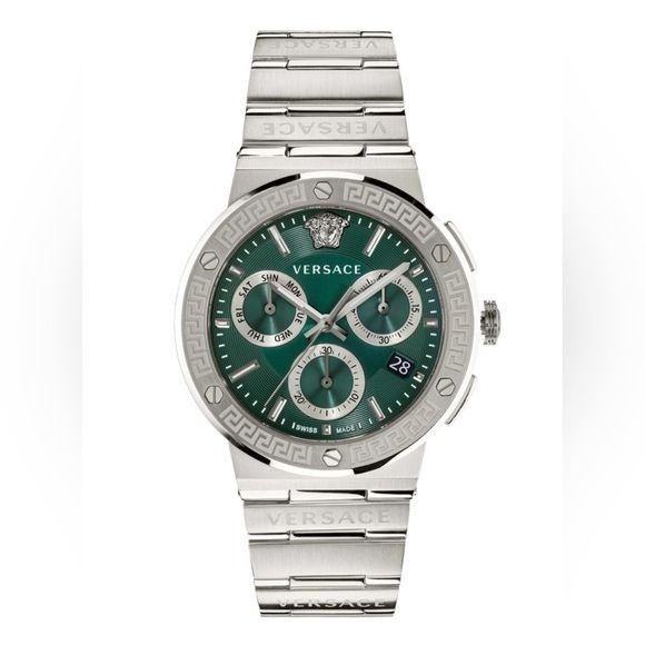 image of Versace Greca Logo Chronograph Watch in Silver, Men's