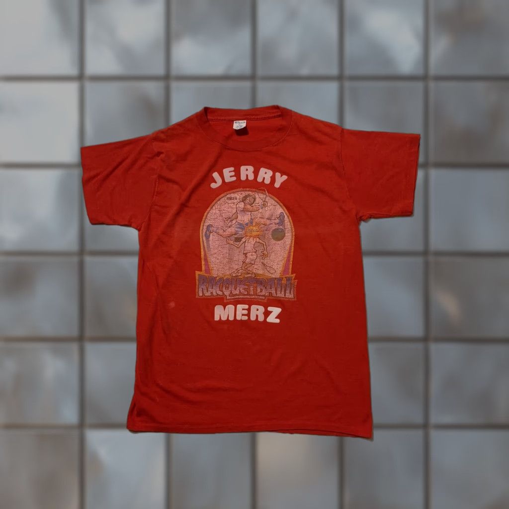 FELT VTG 70s 80s Ched Knits USA Made Racquetball Single Stitch Felt Letter T-Shirt LG Red Cotton Short Sleeve Men's/Unisex T-Shirt Size US L / EU 52-54 / 3 - 1 Thumbnail