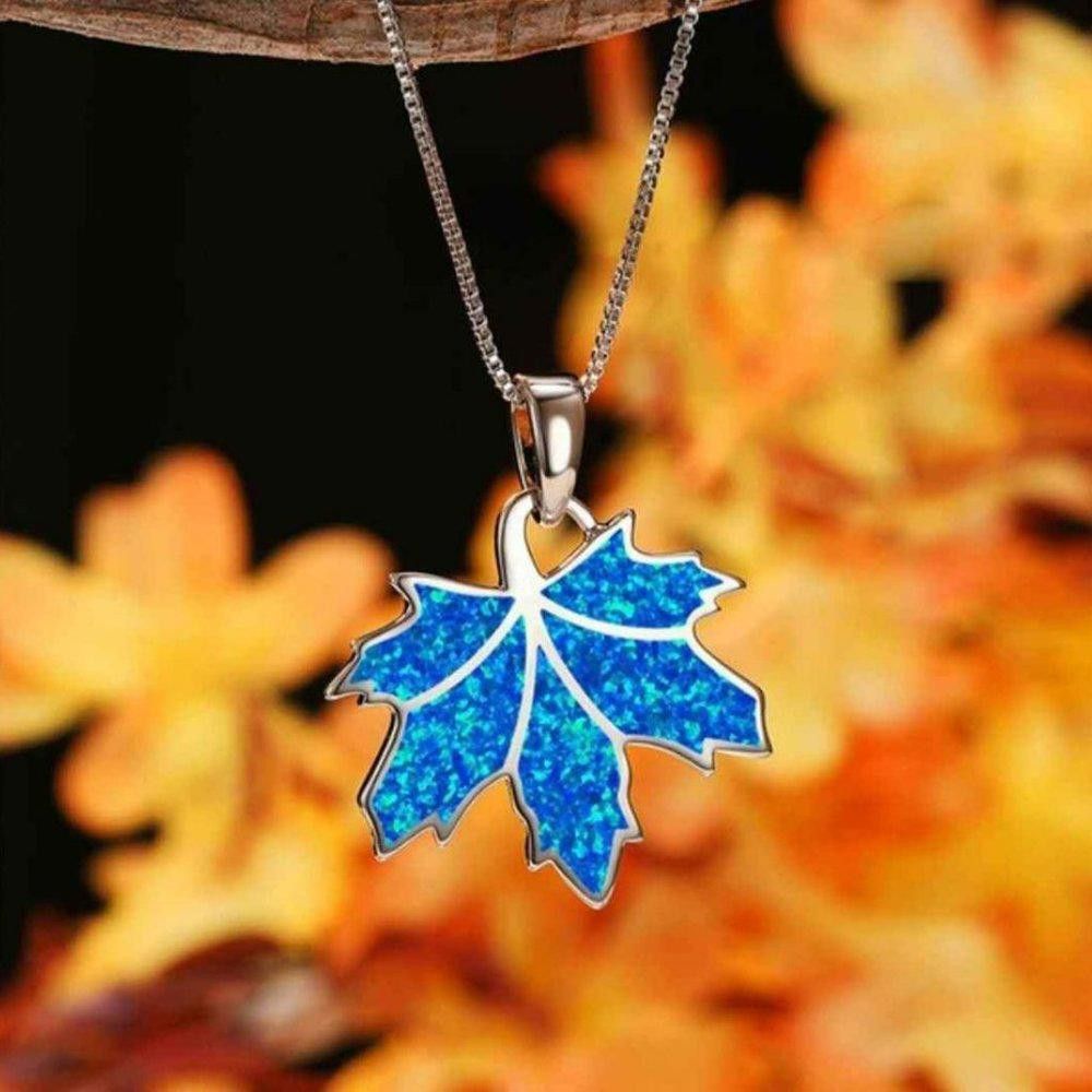 Designer Blue Opal Maple Leaf Pendant Silver Nature Necklace Size ONE SIZE - 3 Thumbnail