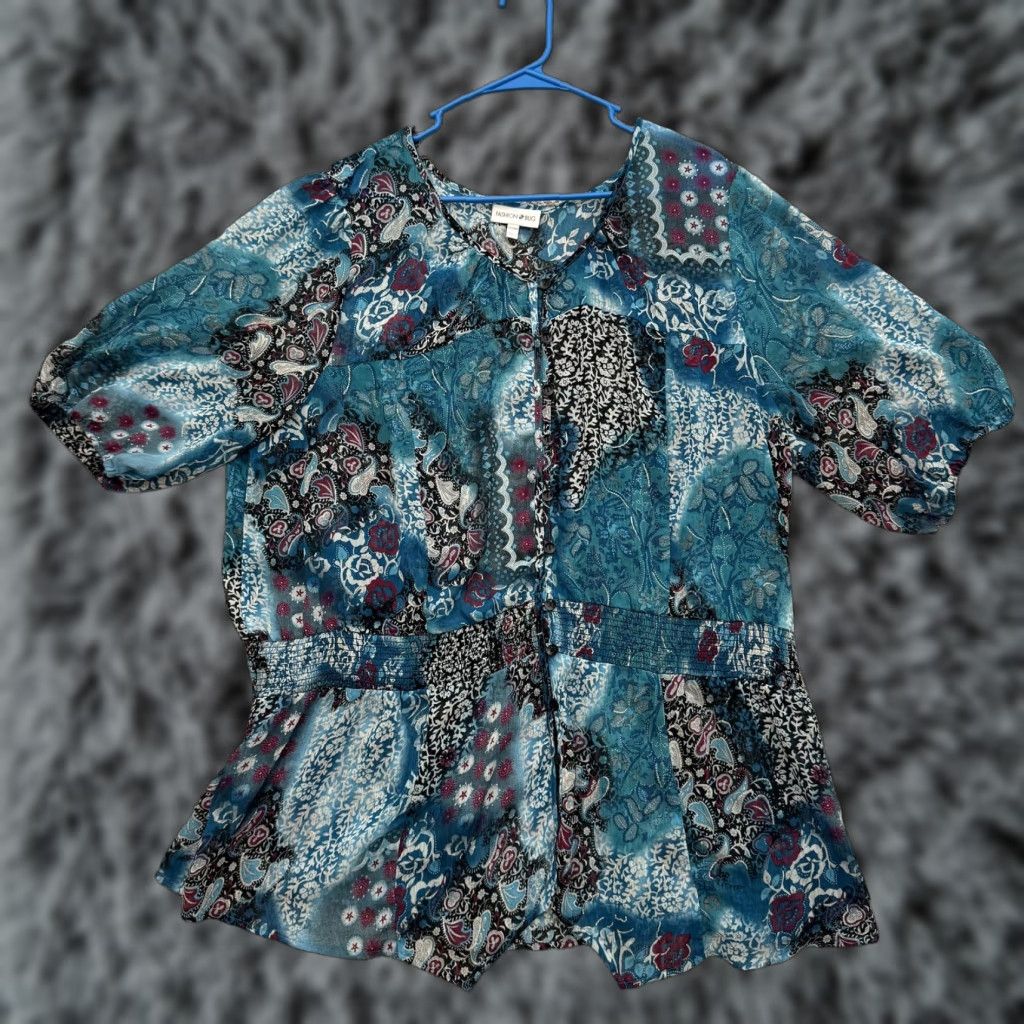 Vintage Fashion Bug Blouse 22/24 Plus Blue Floral Paisley Boho Button Shirt Top Womens Size 3XL / US 20-22 - 1 Thumbnail