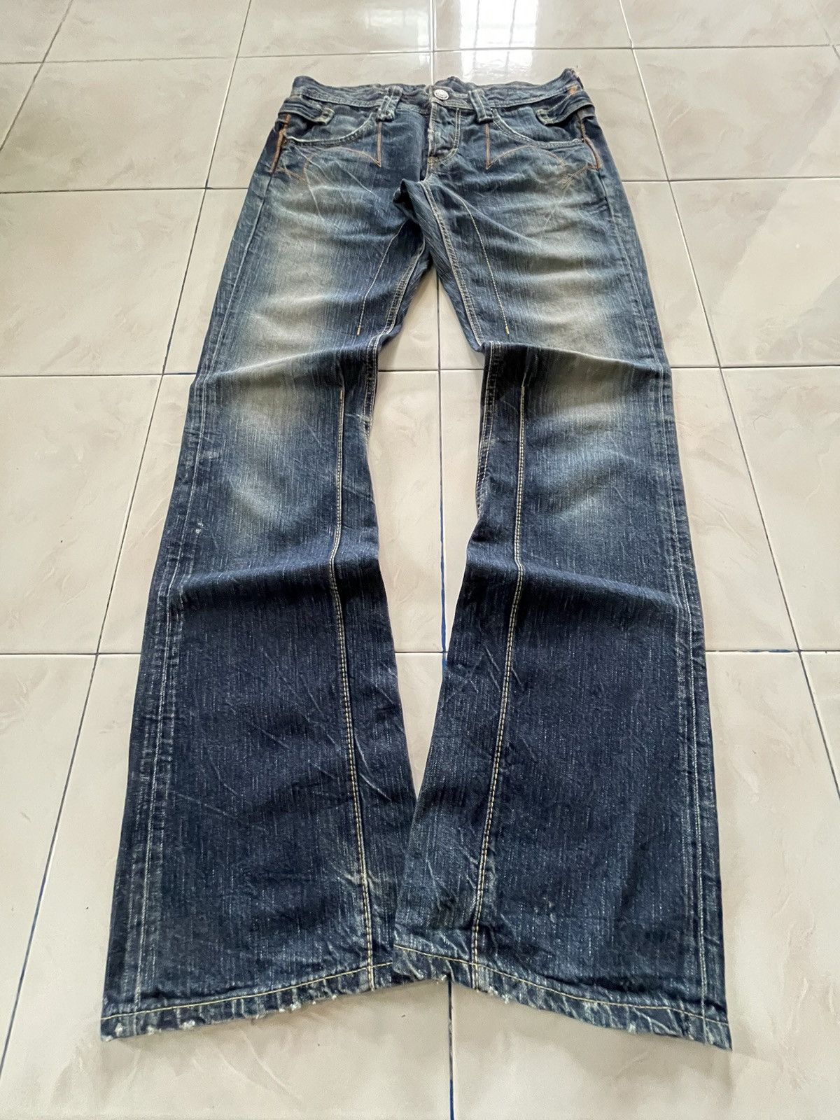 Edwin 503 Paneled Faded Stone Wash Flared Denim Jeans
