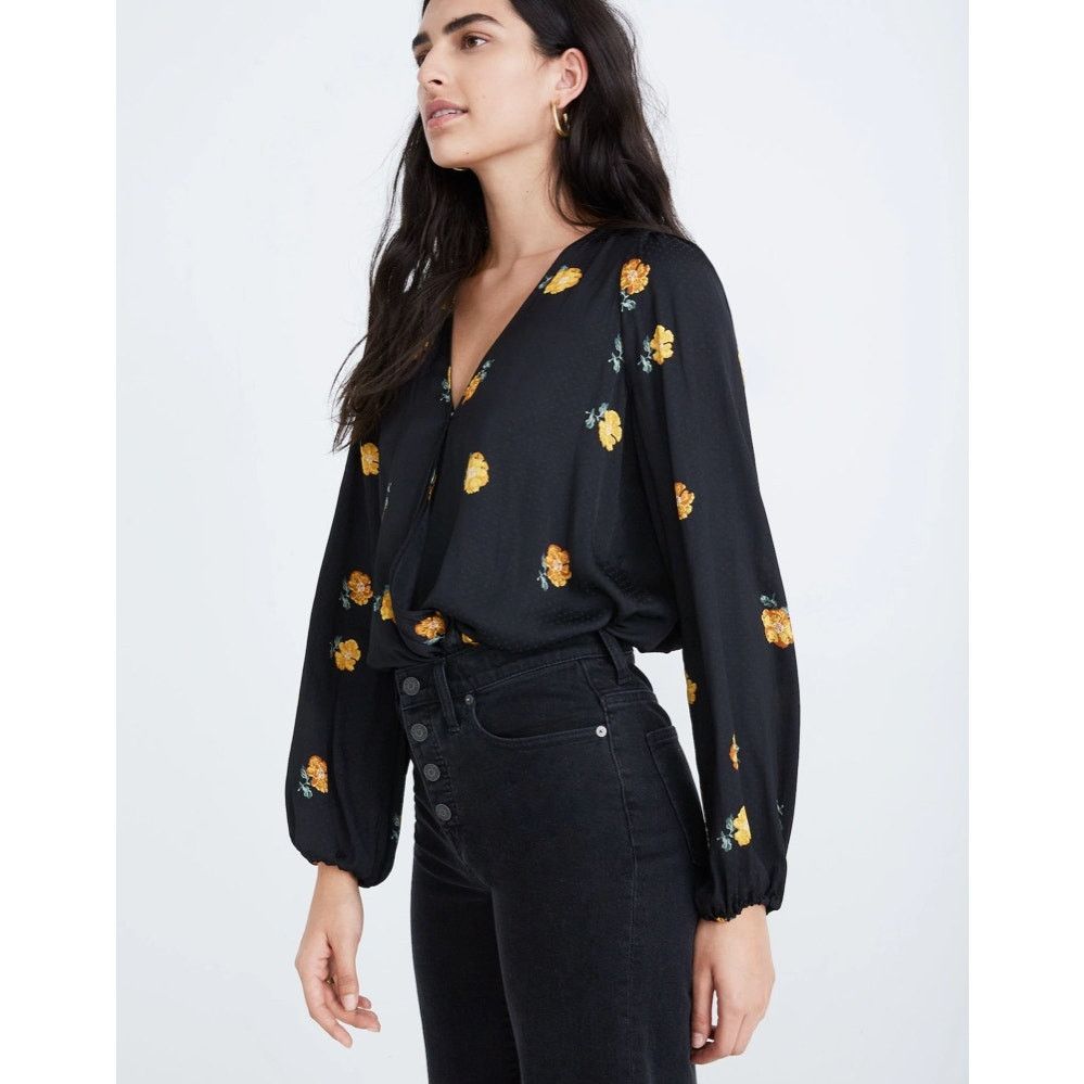 Madewell Madewell Women's Small Black Floral Wrap V-Neck Blouse Size S / US 4 / IT 40 - 2 Thumbnail