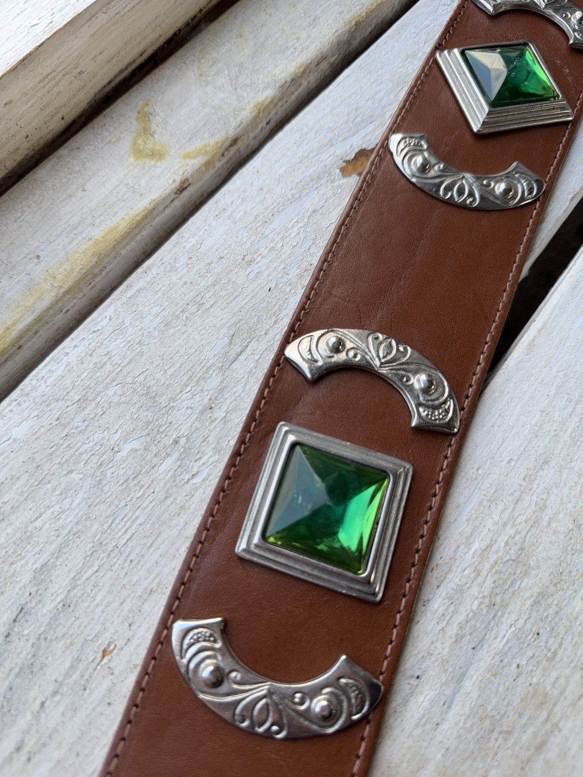 Japanese Brand Western Brown Leather Belt Green Gem Silver Details Size ONE SIZE - 9 Thumbnail