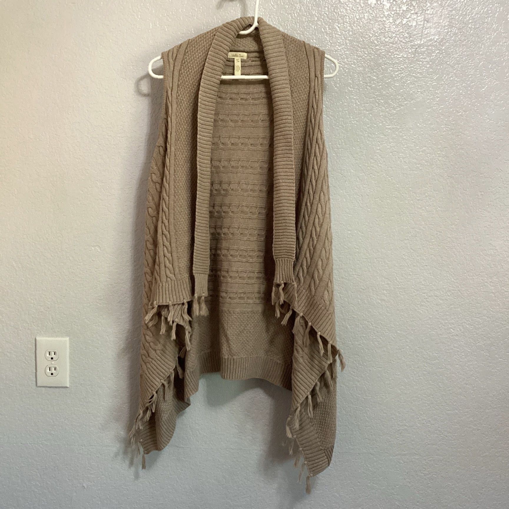 Vintage Matilda Jane Vest Cardigan Sweater Women S Brown Cable-Knit Sleeveless Fringe Open Waterfall Front Shawl Collar Bohemian Western Casual Size S / US 4 / IT 40 - 2 Thumbnail