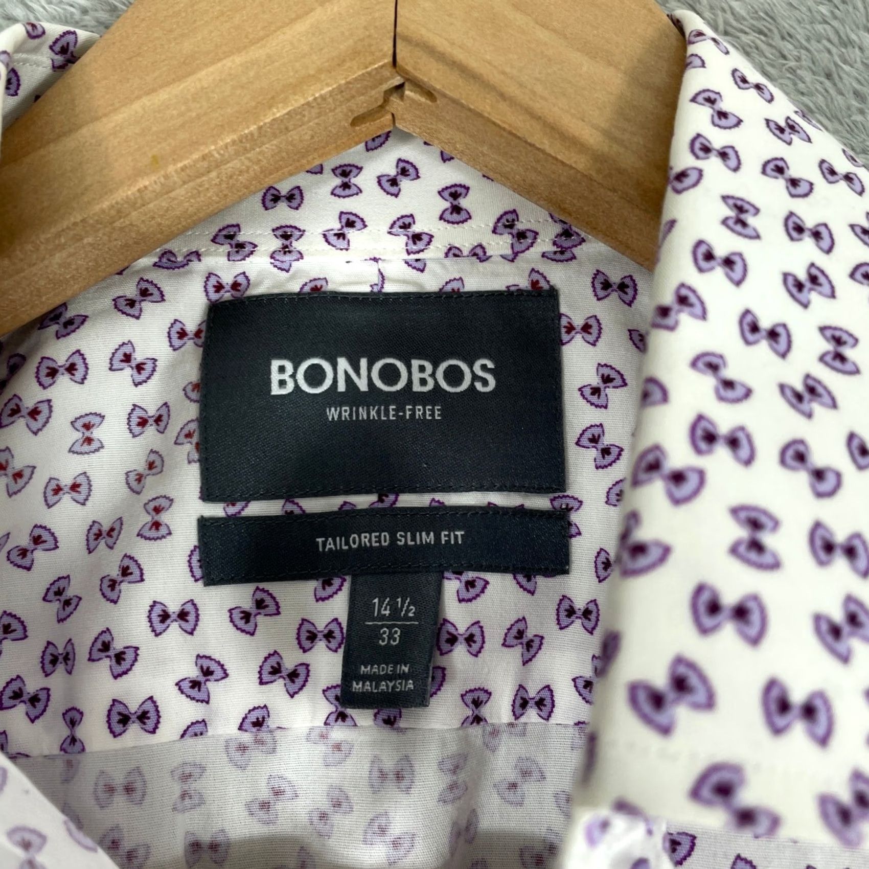 Bonobos Bonobos Dress Shirt Mens 14.5 33 White Purple Bow Tie Print Slim Fit Size 40R - 3 Thumbnail
