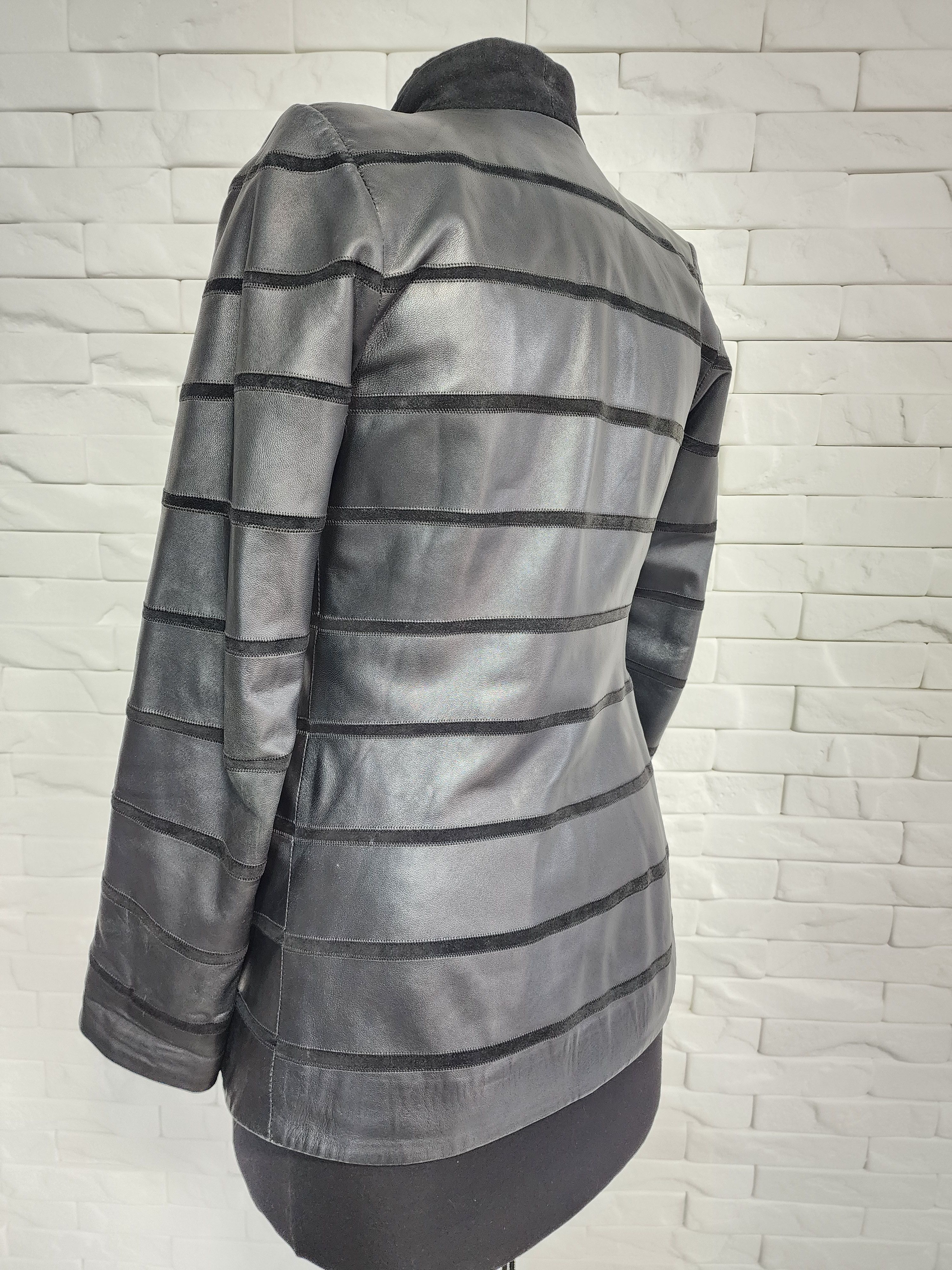Designer Black Women's Leather Jacket: Striped Top, Zippered Size S / US 4 / IT 40 - 6 Thumbnail