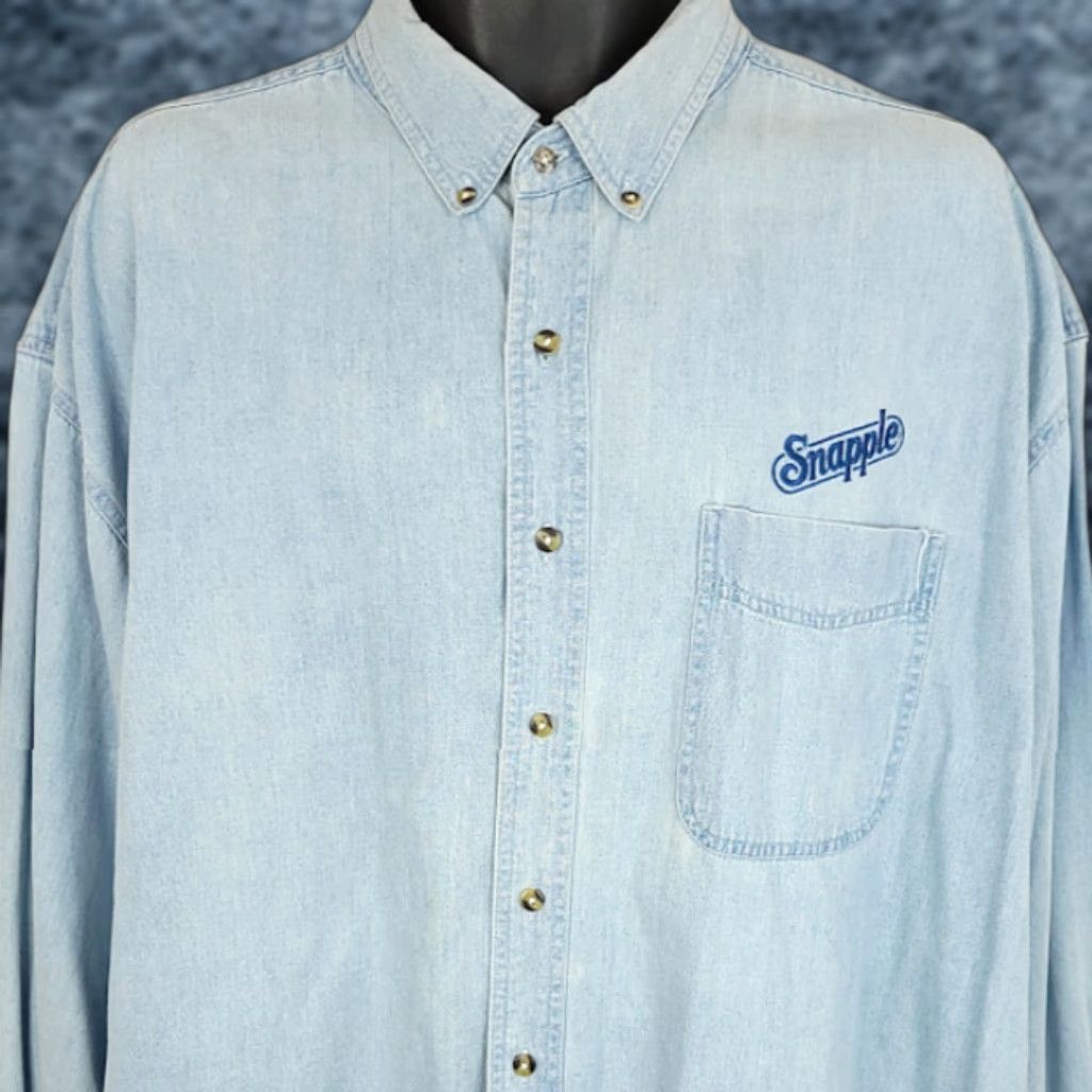 VINTAGE Copa Banana Denim Work Shirt Mens 2XL Blue Long Sleeve Button-Up 90s Delivery Uniform Embroidered