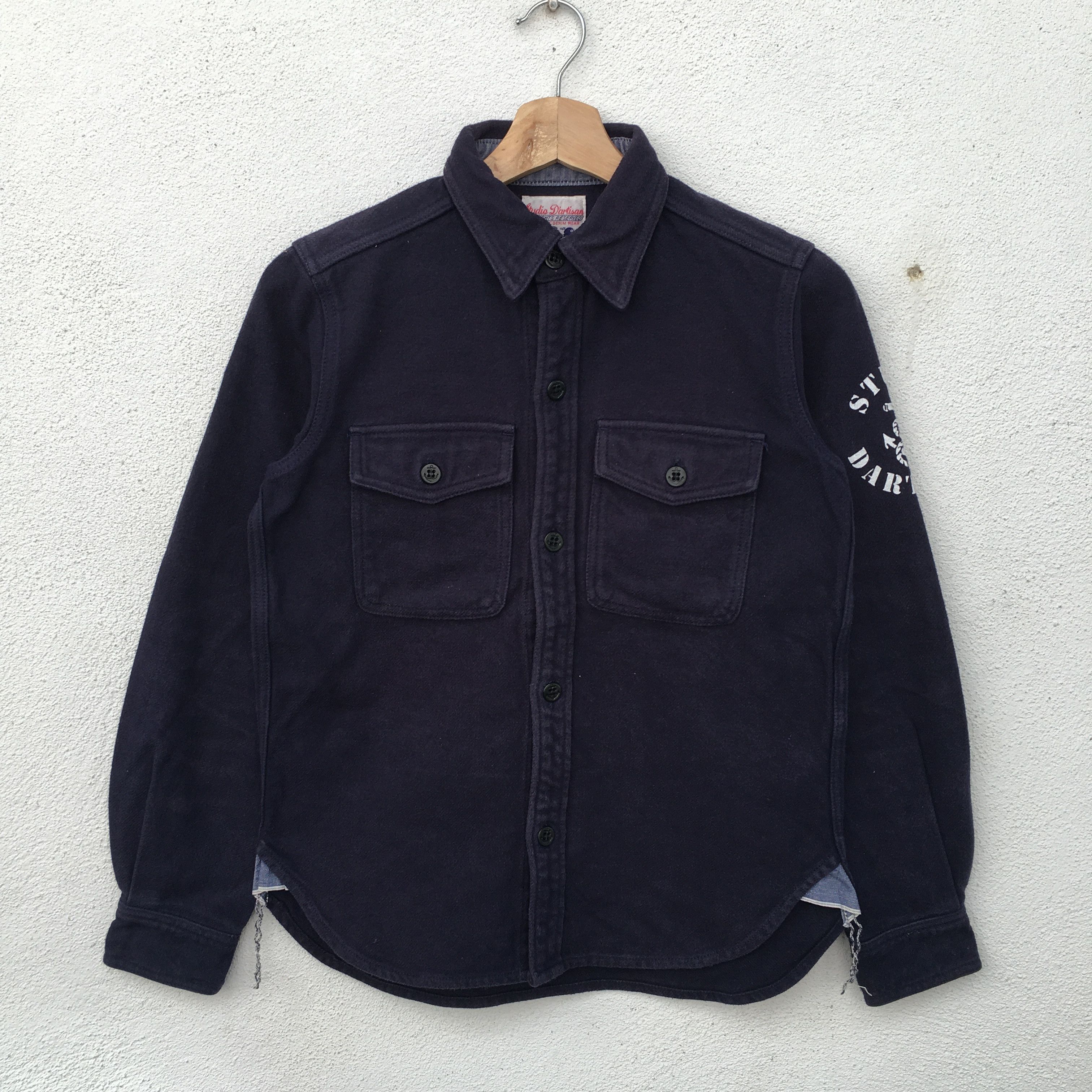 image of Studio Dartisan Studio D'artisan Arm Printed Logo Denim Jacket in Navy Blue, Men's (Size XS)