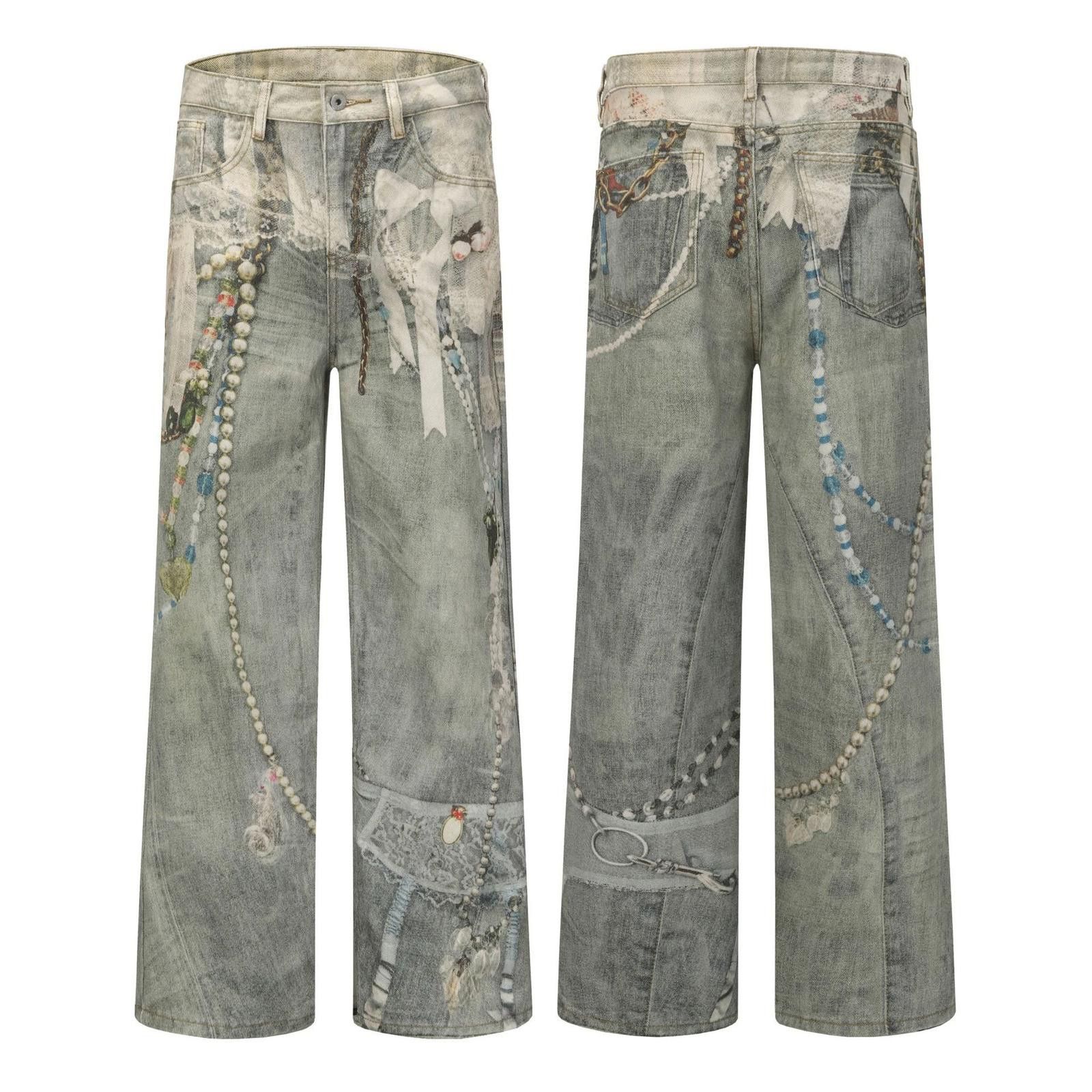 Japanese Brand Pearl Chain Print Distressed Wide-Leg Denim Size 26" / US 2 / IT 38 - 5 Thumbnail