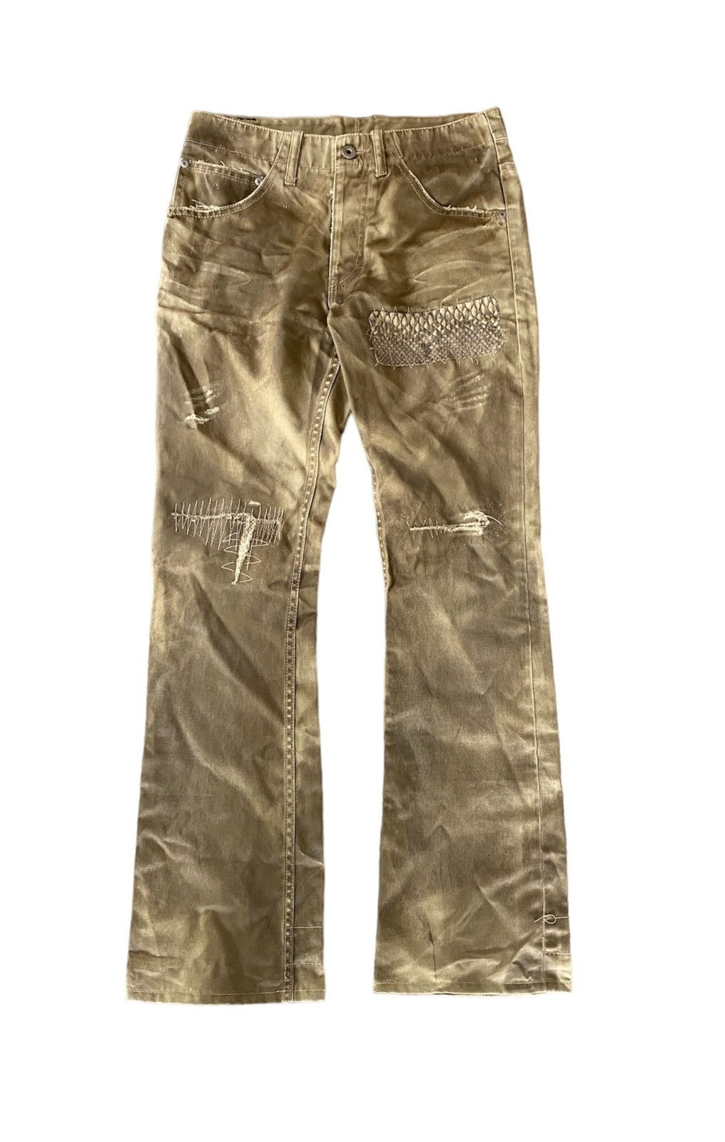 image of Isamu Katayama Backlash Rusty Leather Trim Flare Pants in Brown, Men's (Size 29)