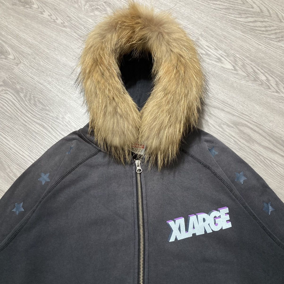 Japanese Brand Vintage Trashed Xlarge Stars Logo Fur Ziphoodie Y2k Black Size US XL / EU 56 / 4 - 3 Thumbnail