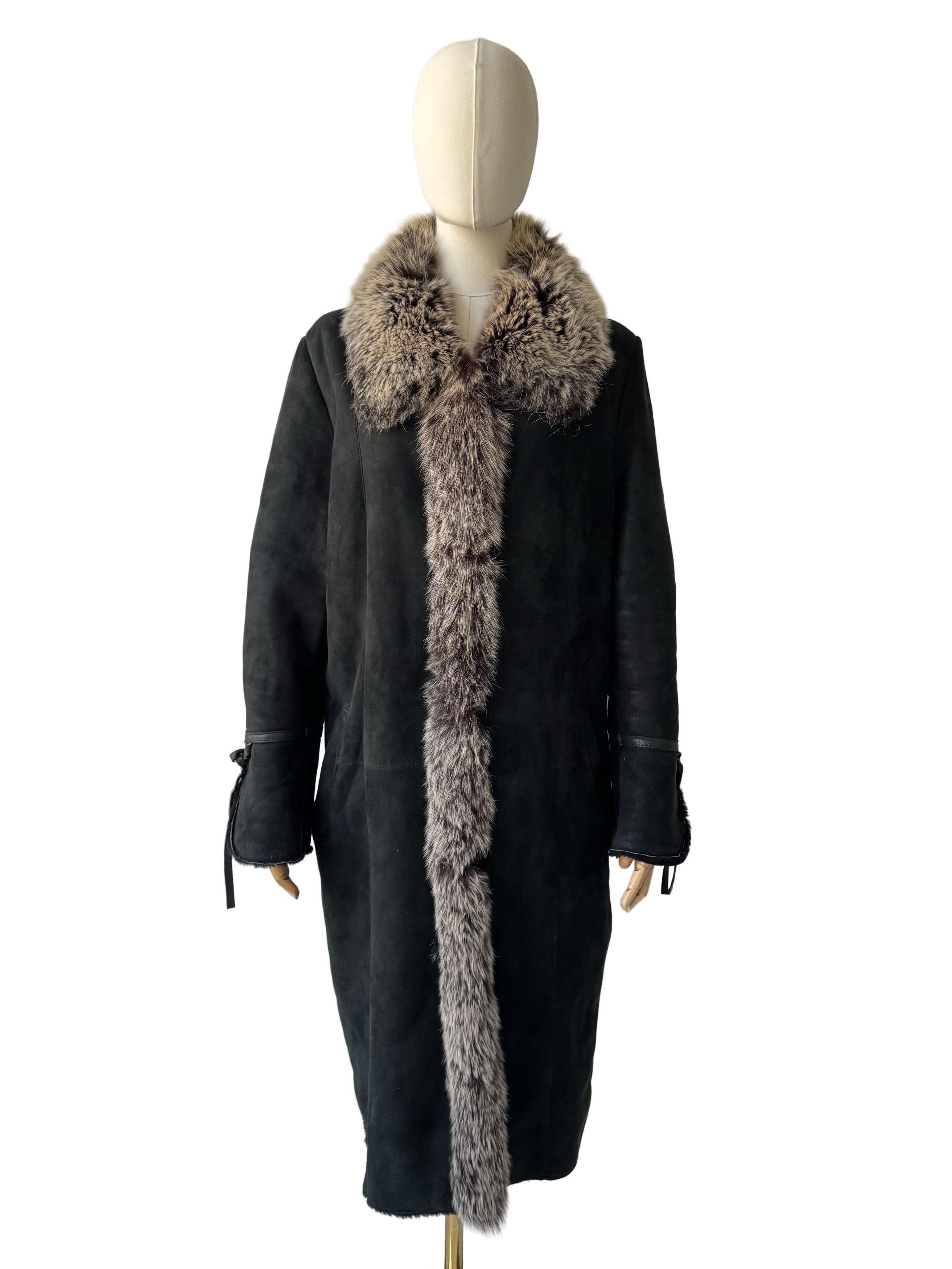 Vintage Vintage Black Leather Coat Real Fur Trim Long Sheepskin Size XL / US 12-14 / IT 48-50 - 2 Thumbnail