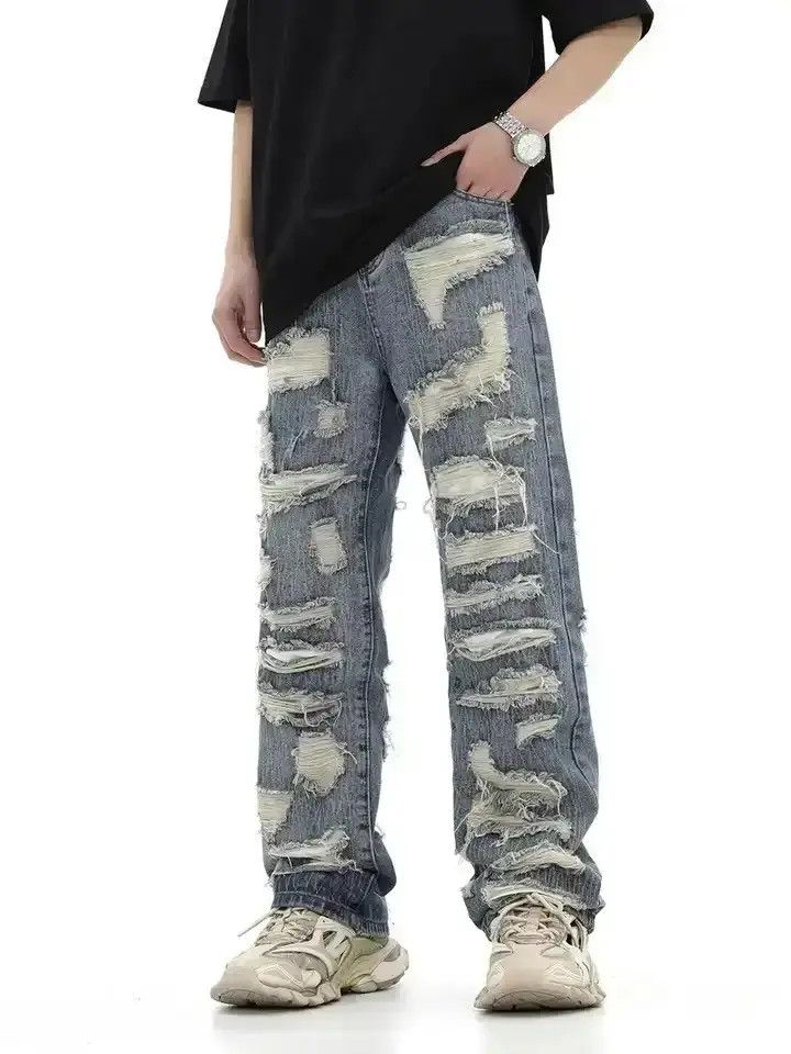 Japanese Brand washed torn hole cut straight tube loose fitting jeans Size US 32 / EU 48 - 1 Thumbnail