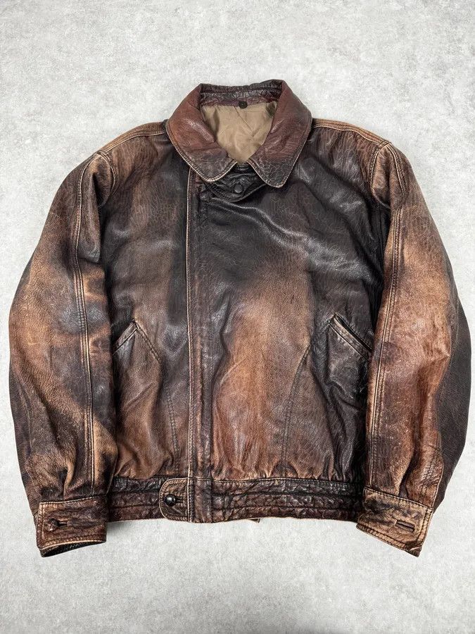 Vintage 2000s Archive Brown Naval Eroded Leather Jacket Size US L / EU 52-54 / 3 - 1 Thumbnail