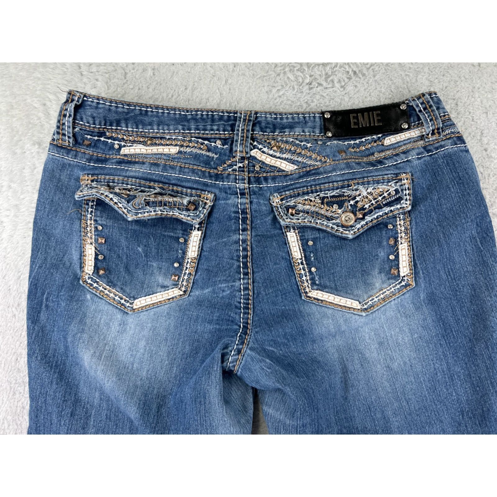 Denime Premiere Jeans Women 13 Blue Denim Embroidered Rhinestone Studded Raw Hem Slim Fit Inseam 26" Mid Rise Adult Women Size 34" / US 12 / IT 48 - 3 Thumbnail