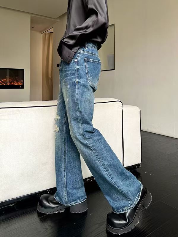 Jean American retro blue distressed loose ripped flared jeans Size US 32 / EU 48 - 3 Thumbnail