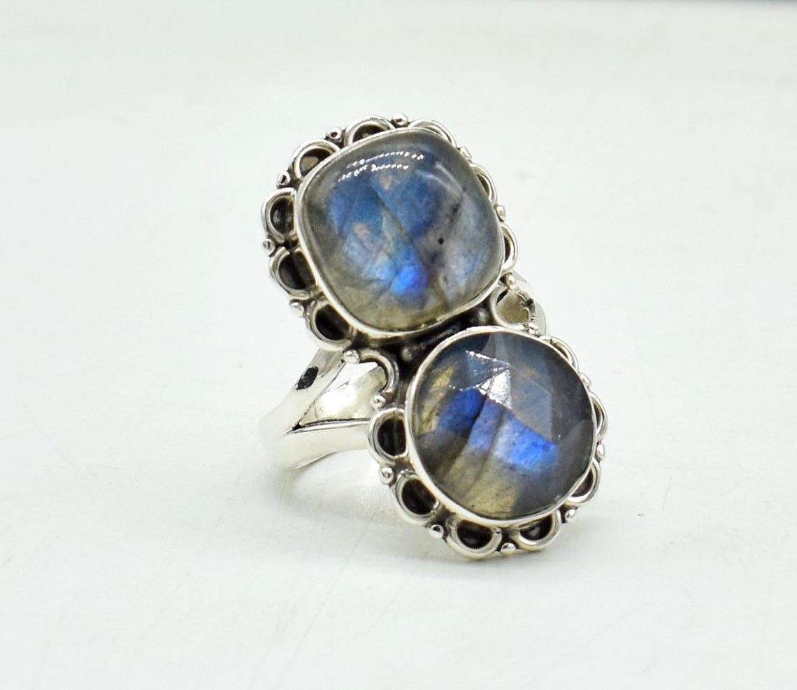 Handmade Blue Fire Labradorite 925K Silver Ring Handmade Boho Jewelry Size ONE SIZE - 1 Thumbnail