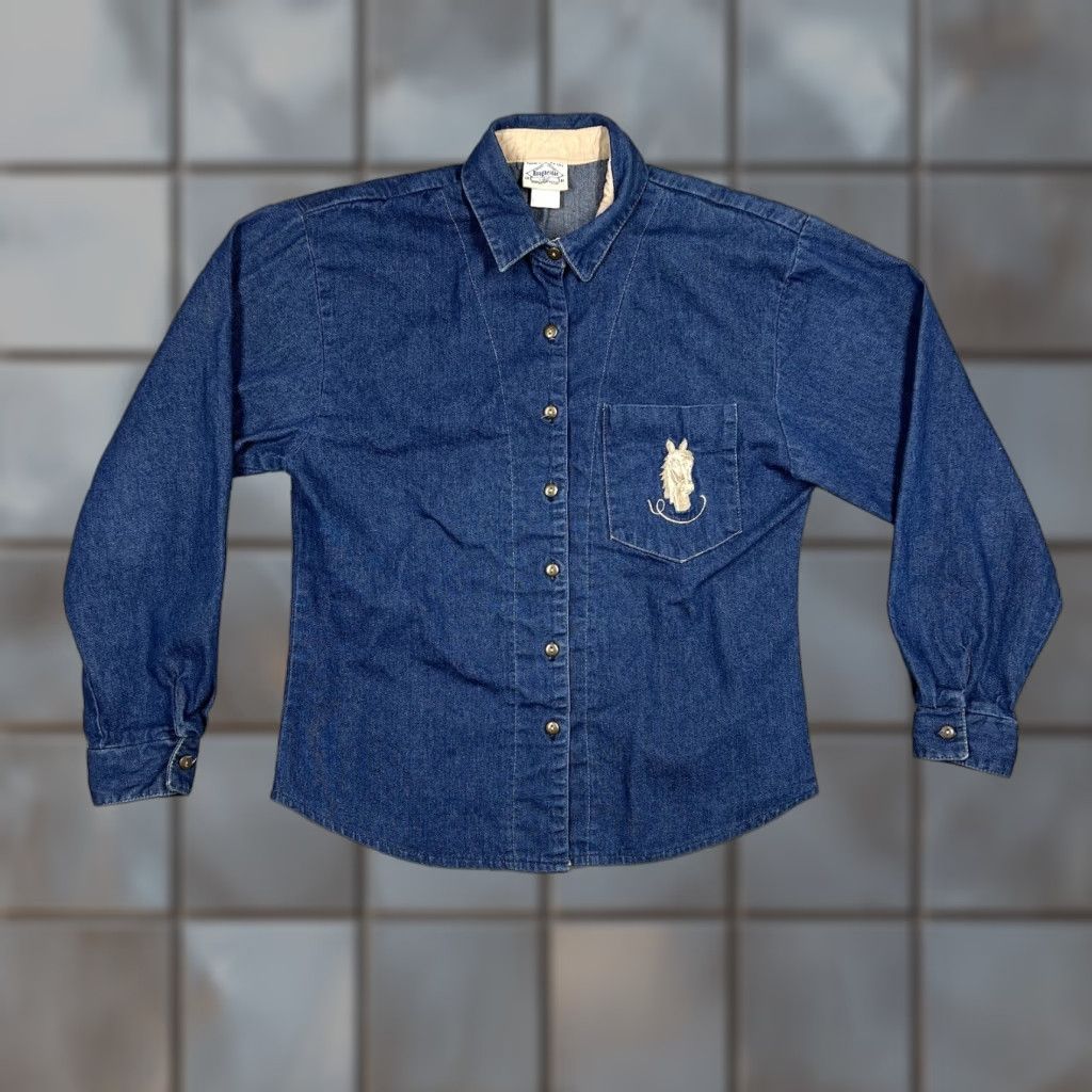 VINTAGE Rough Rider by Circle T Denim Jacket Women Sz Medium Cow Skull Artwork Jacket