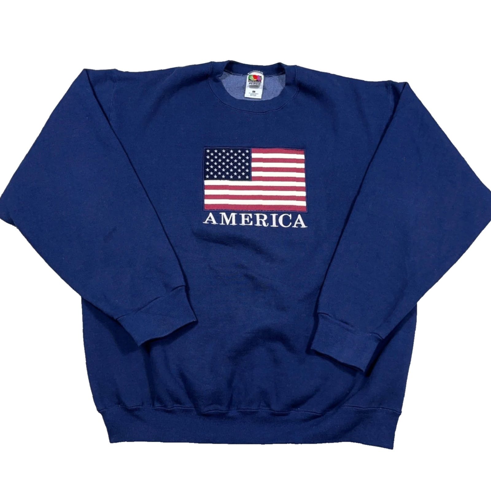 Fruit Of The Loom Vintage Fruit of the Loom Sweatshirt Men L Blue Crewneck Logo Embroidered 90s USA Flag Quilted Knit Pullover Sweatshirt Size US L / EU 52-54 / 3 - 2 Thumbnail