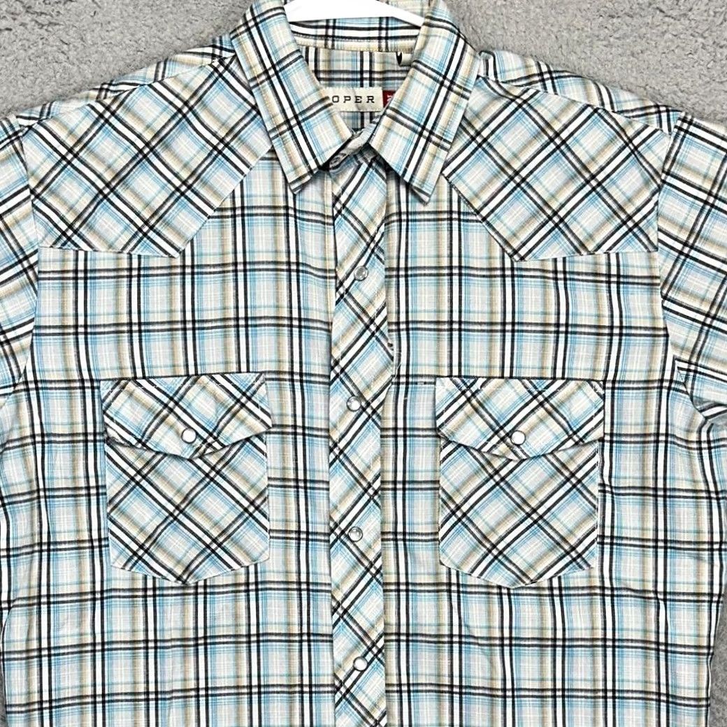 Roper Roper Shirt Button-Up Western Plaid Blue Tan Short Sleeve Mens M Button-Down Collared Pocket EUC Size US M / EU 48-50 / 2 - 2 Thumbnail
