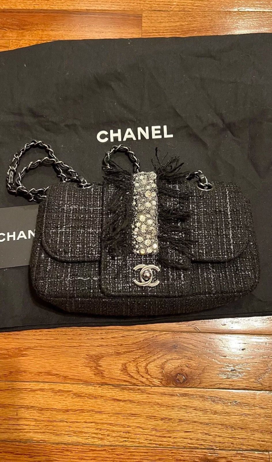 Chanel Chanel Vintage Tweed Fringle Flap Bag Black Rhinestone Size ONE SIZE - 11 Thumbnail