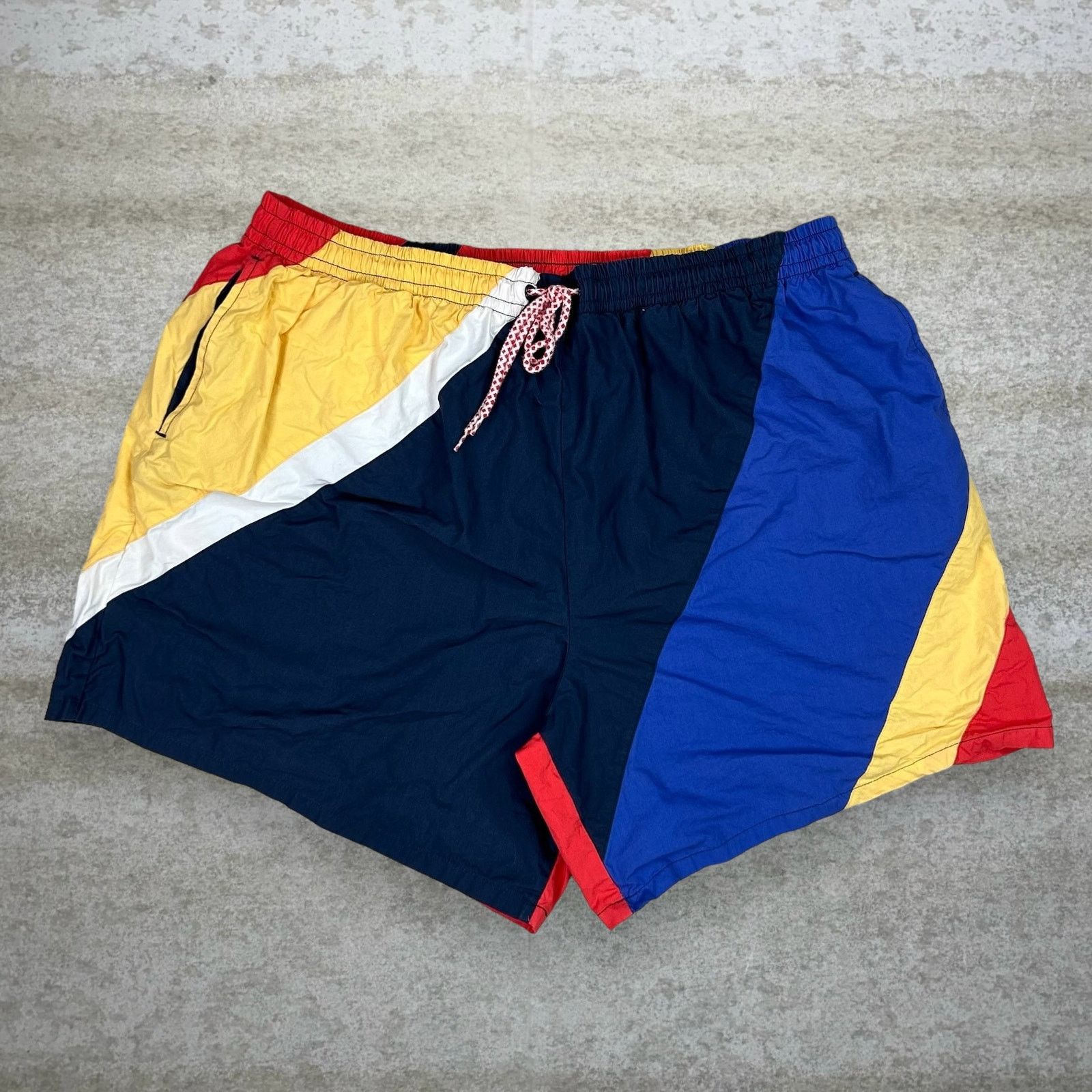 Vintage Multicolor Swim Trunks Red Yellow 7" Inseam 90's in Blue, Men's (Size 36)