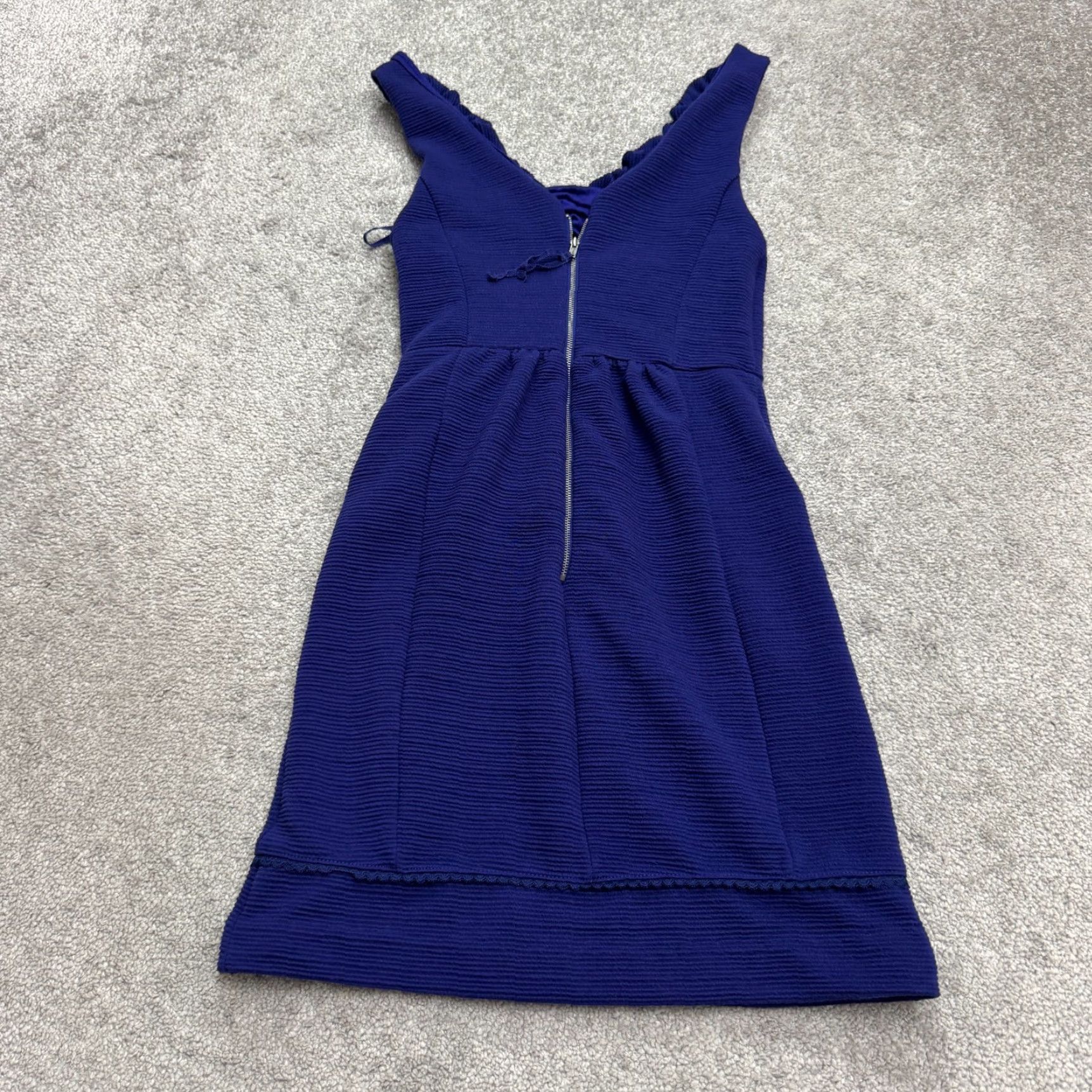 Anthropologie Maeve Anthropologie V-Neck Mini Sheath Dress Womens XS Blue Ruffle Hem Sleeveless Knit Polyester Spandex Casual Workwear Solid Short Dress Size XS / US 0-2 / IT 36-38 - 2 Thumbnail