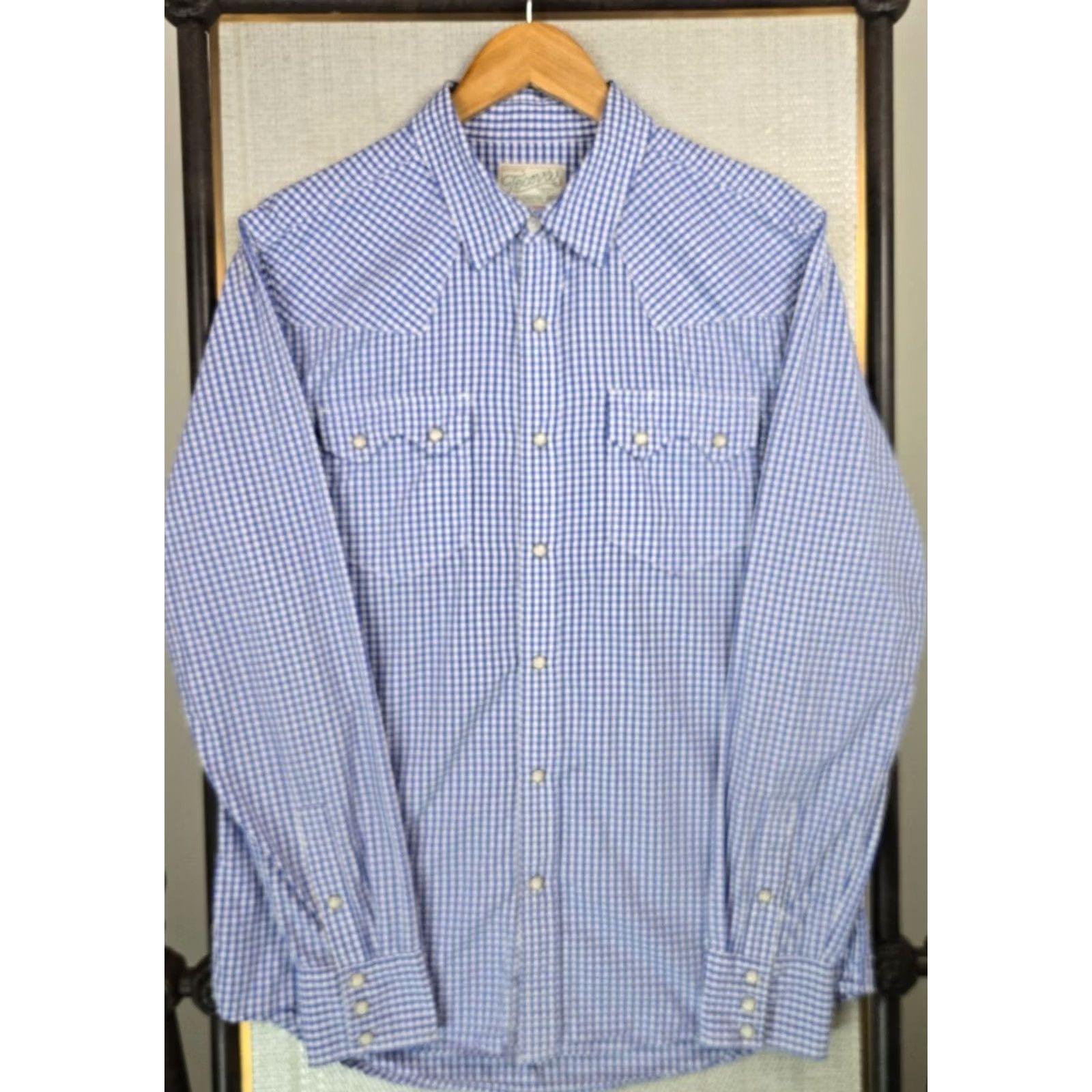 Tecovas Tecovas Austin TX Mens Shirt Long Sleeve Western Pearl Snap Cotton Blue/White Gingham Check Size US M / EU 48-50 / 2 - 3 Thumbnail