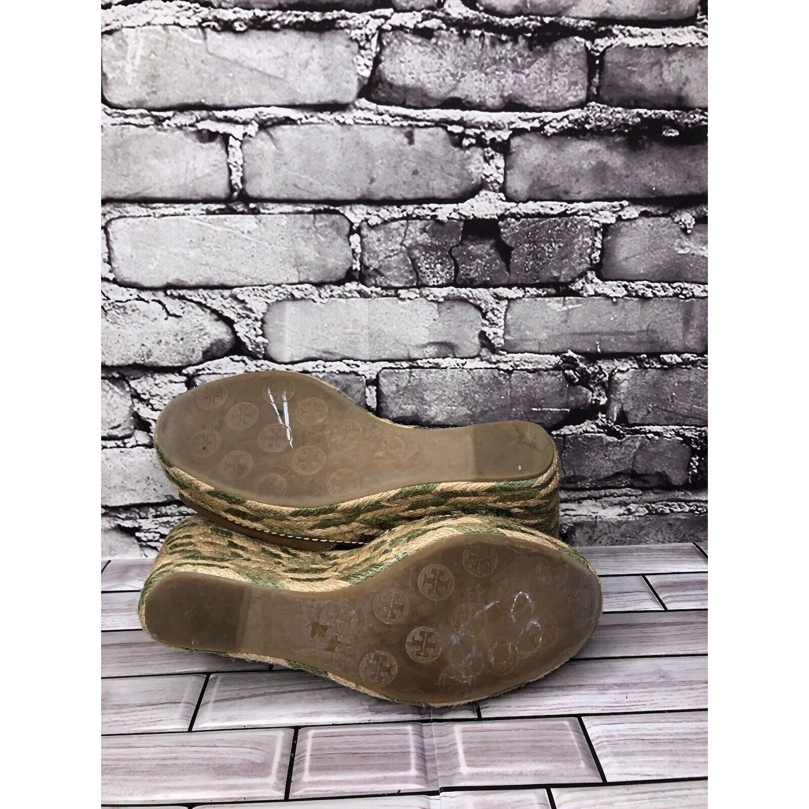 Tory Burch Tory Burch Taupe Canvas Textile Green Tan Espadrilles Wedge Size US 10 / IT 40 - 14 Thumbnail