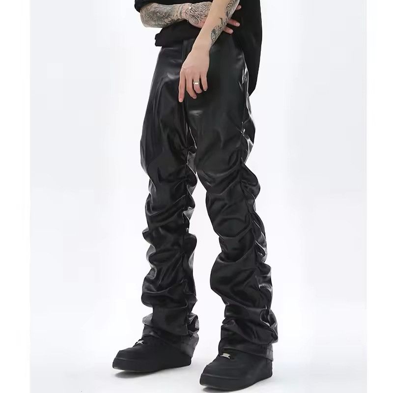 Jean Pleated Pu Leather Pants Streetwear Loose Ruched Casual Size US 32 / EU 48 - 1 Thumbnail