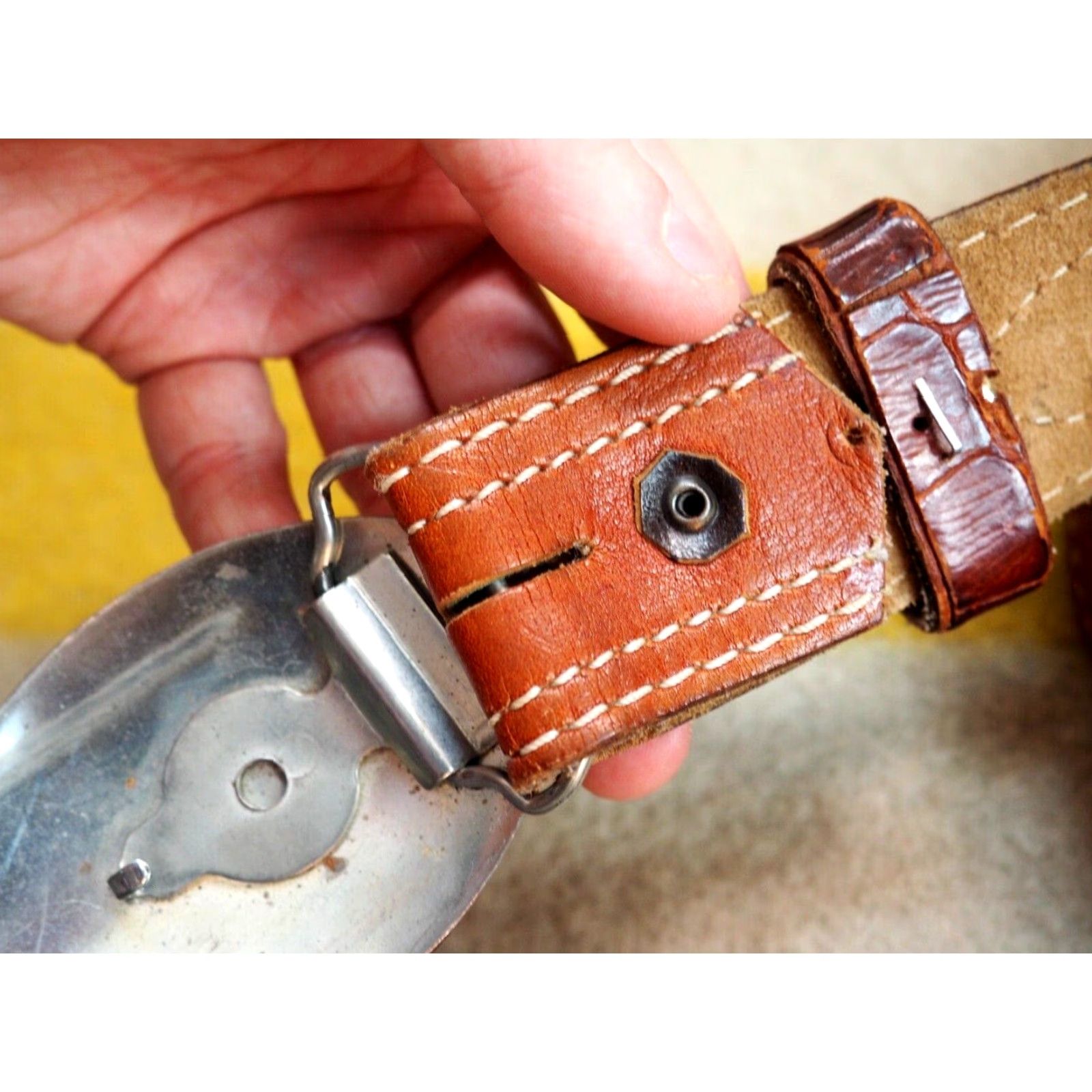 Vintage VTG Brown Leather Tooled Western Cowboy Faux Crocodile Alligator Belt 42W Unbranded Unisex Adult Leather Rockabilly Casual Size ONE SIZE - 5 Thumbnail