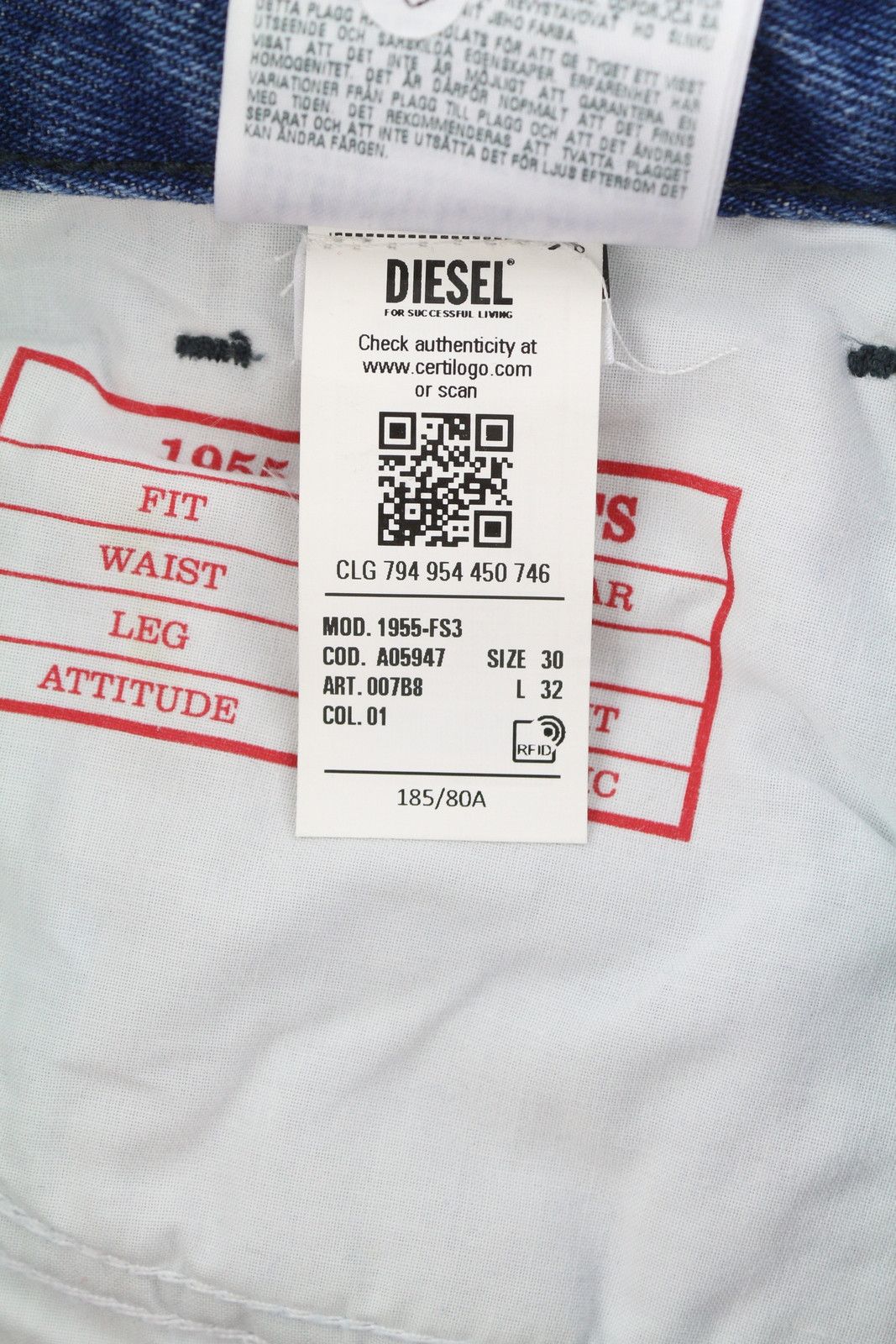 Diesel \1955-FS3 007B8 W30/L32 Blue Washed Pattern 85417 Size US 30 / EU 46 - 13 Thumbnail