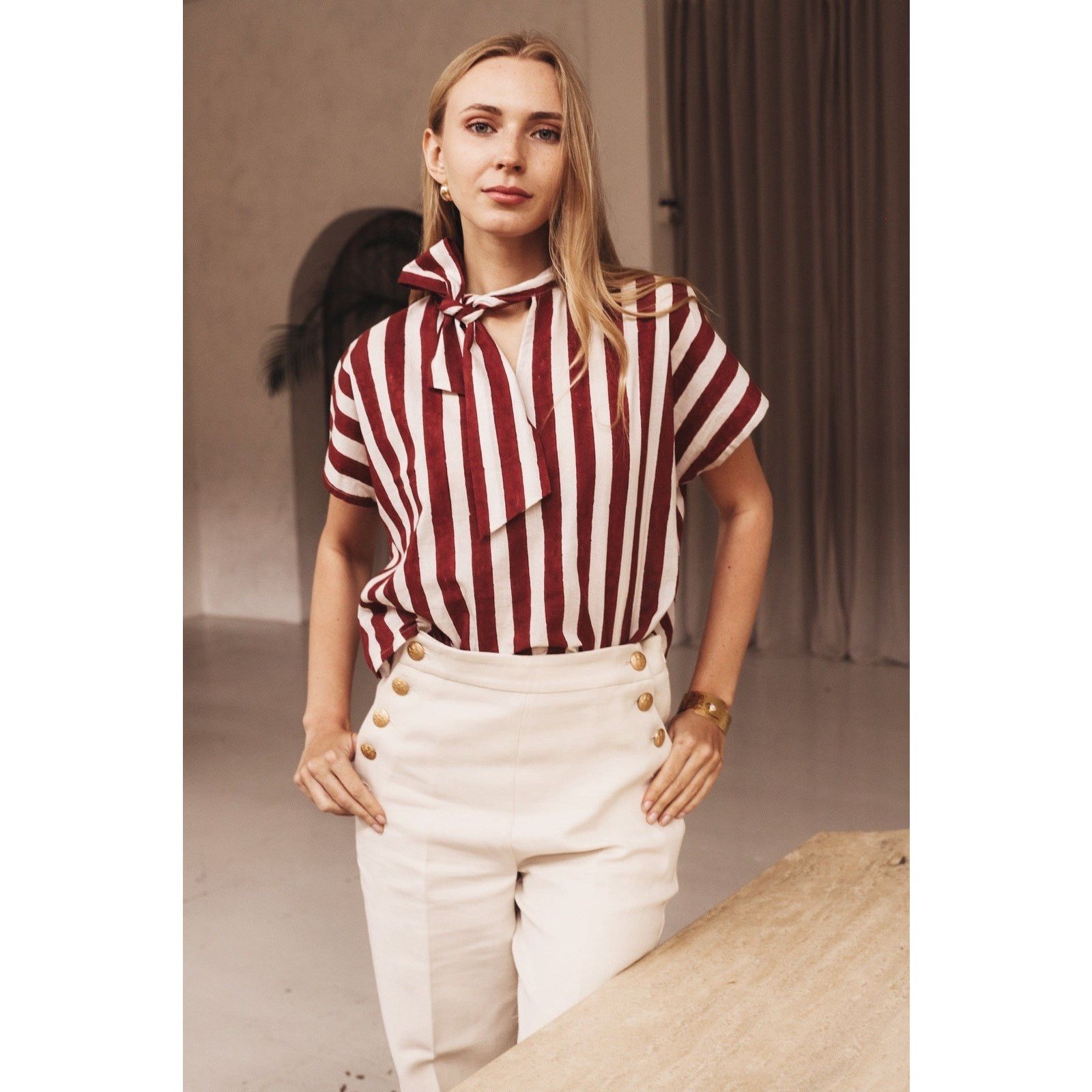 Designer Malabar Collective Red White Stripe MIA Shirt Tie Neck XS/s Size S / US 4 / IT 40 - 1 Thumbnail