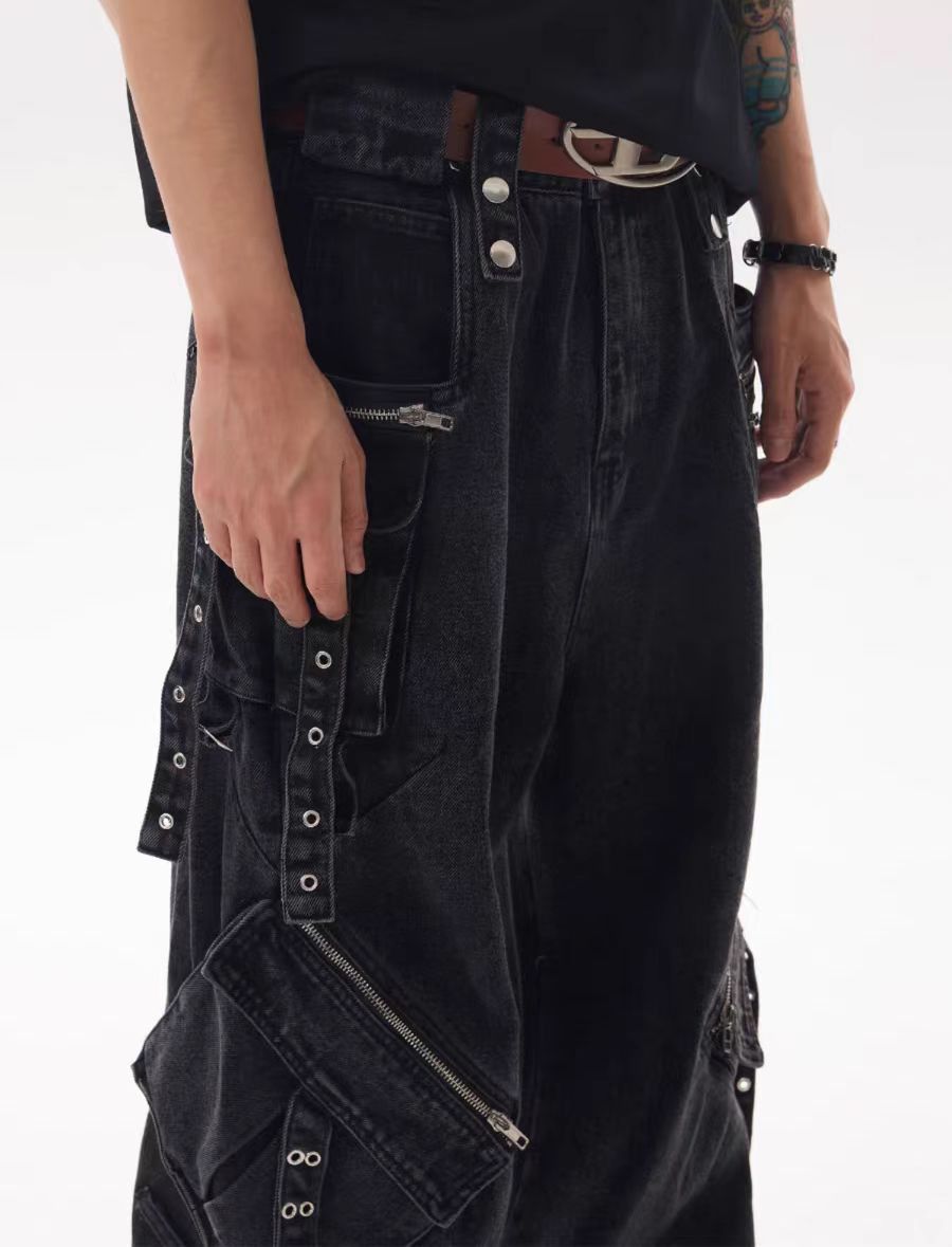 Japanese Brand × Jean High Street Black Heavyweight Strappy Design Baggy Jeans Size US 30 / EU 46 - 3 Thumbnail